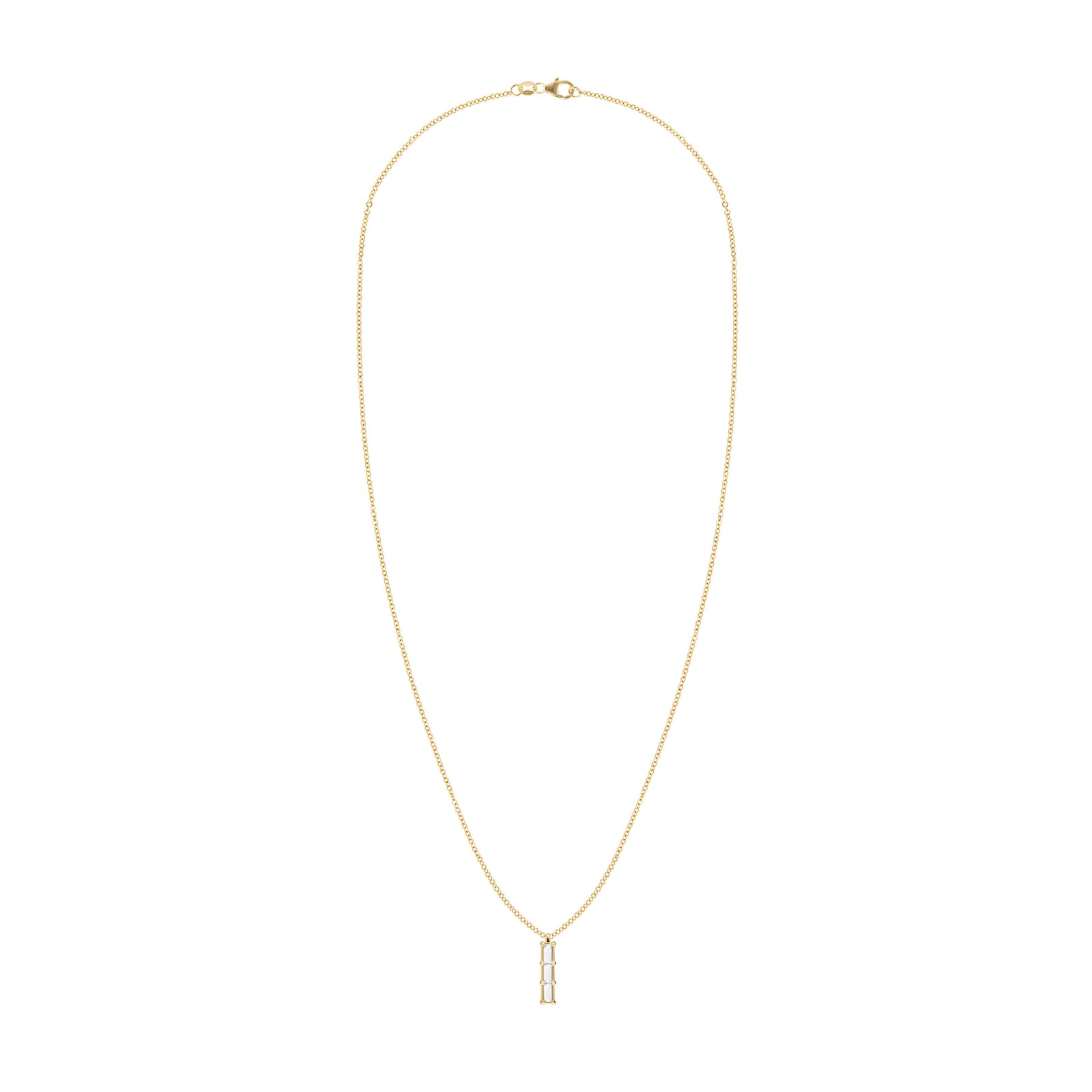 Providence White Topaz vertical bar pendant necklace featuring 3 petite baguette stones set in 14k yellow gold