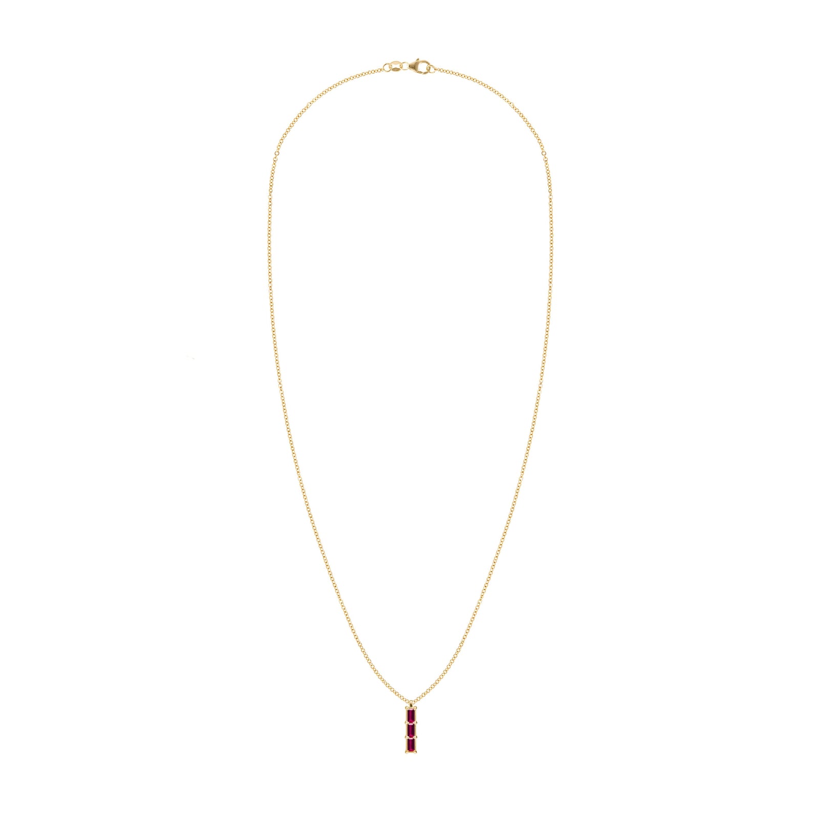 Providence Ruby vertical bar pendant necklace featuring 3 petite baguette stones set in 14k yellow gold