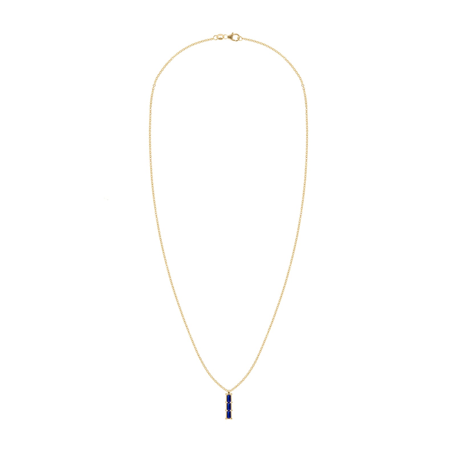 Providence Sapphire vertical bar pendant necklace featuring 3 petite baguette stones set in 14k yellow gold