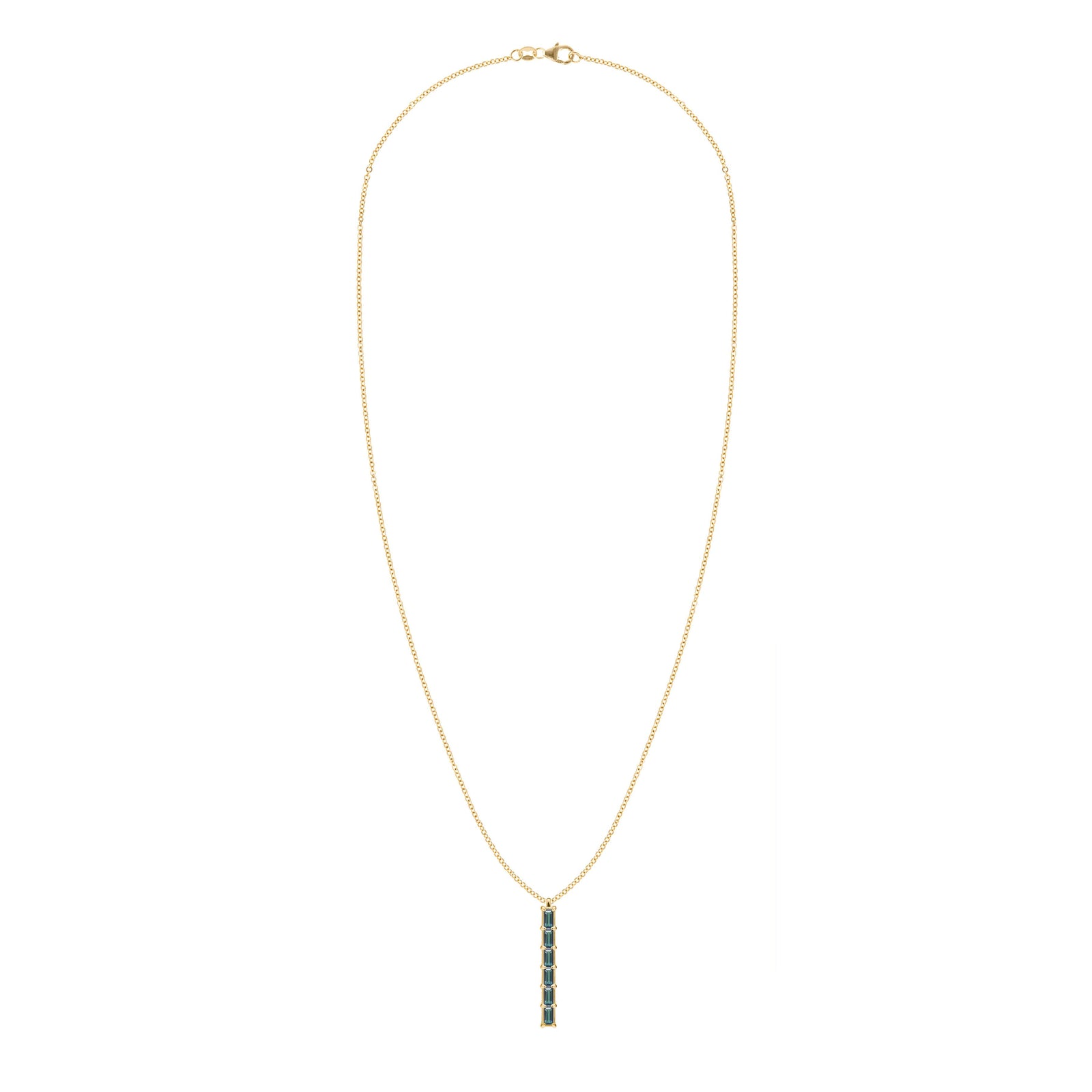 Providence vertical bar pendant necklace featuring 6 petite Alexandrite baguette stones set in 14k yellow gold