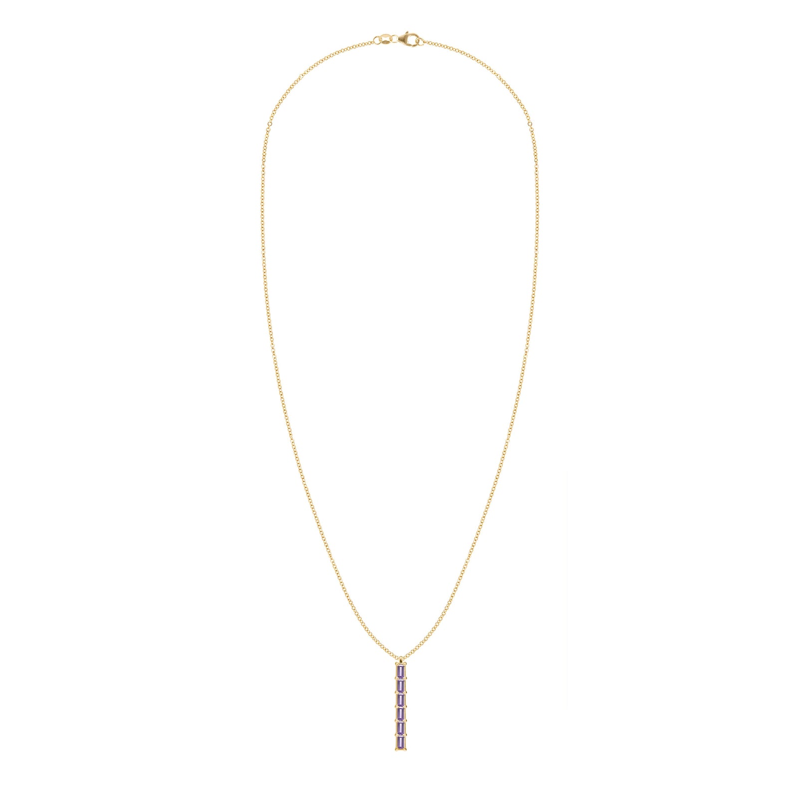 Providence vertical bar pendant necklace featuring 6 petite Amethyst baguette stones set in 14k yellow gold