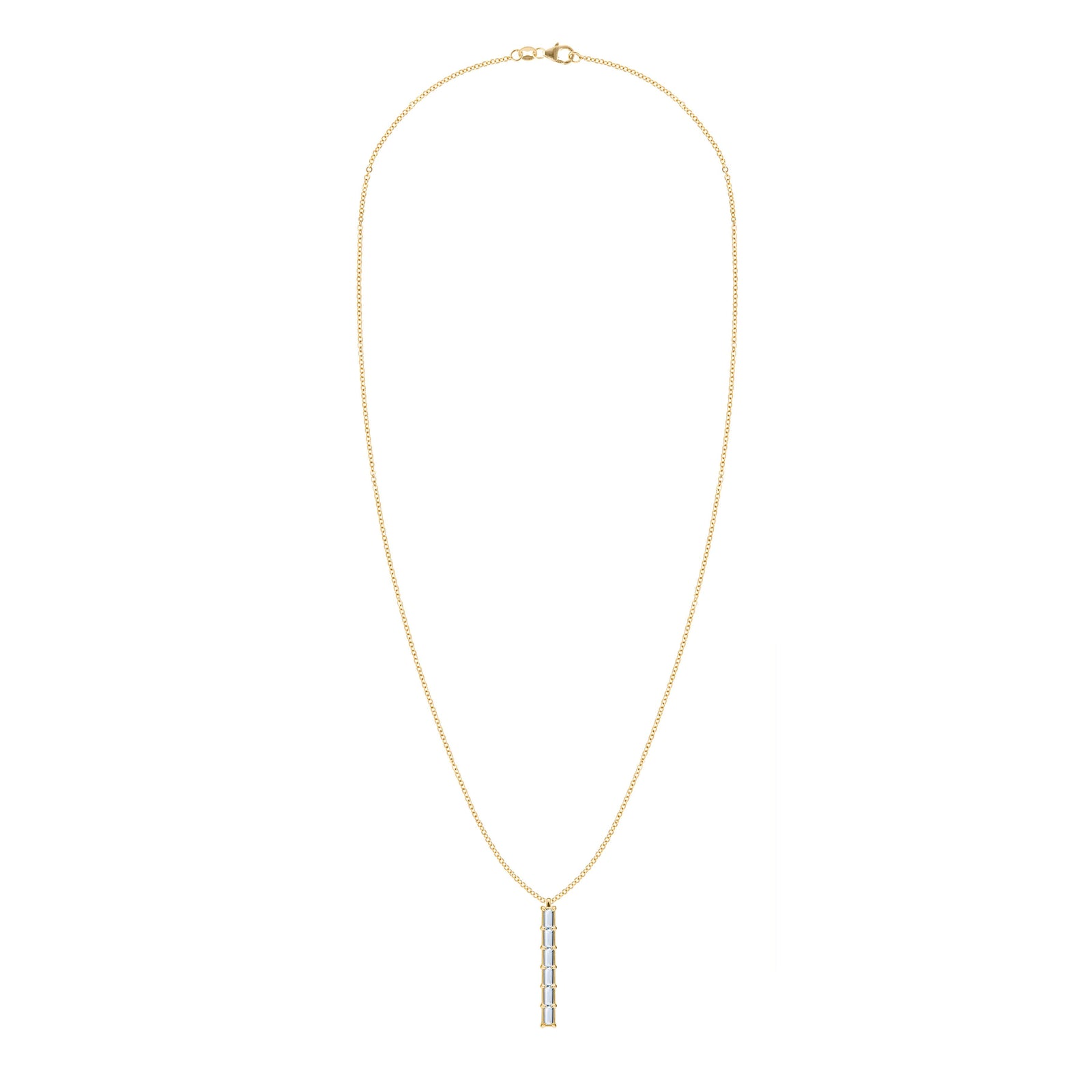 Providence vertical bar pendant necklace featuring 6 petite Aquamarine baguette stones set in 14k yellow gold