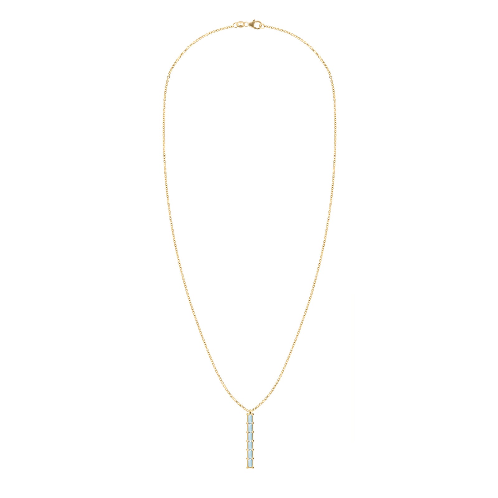 Providence vertical bar pendant necklace featuring 6 petite Nantucket Blue Topaz baguette stones set in 14k yellow gold