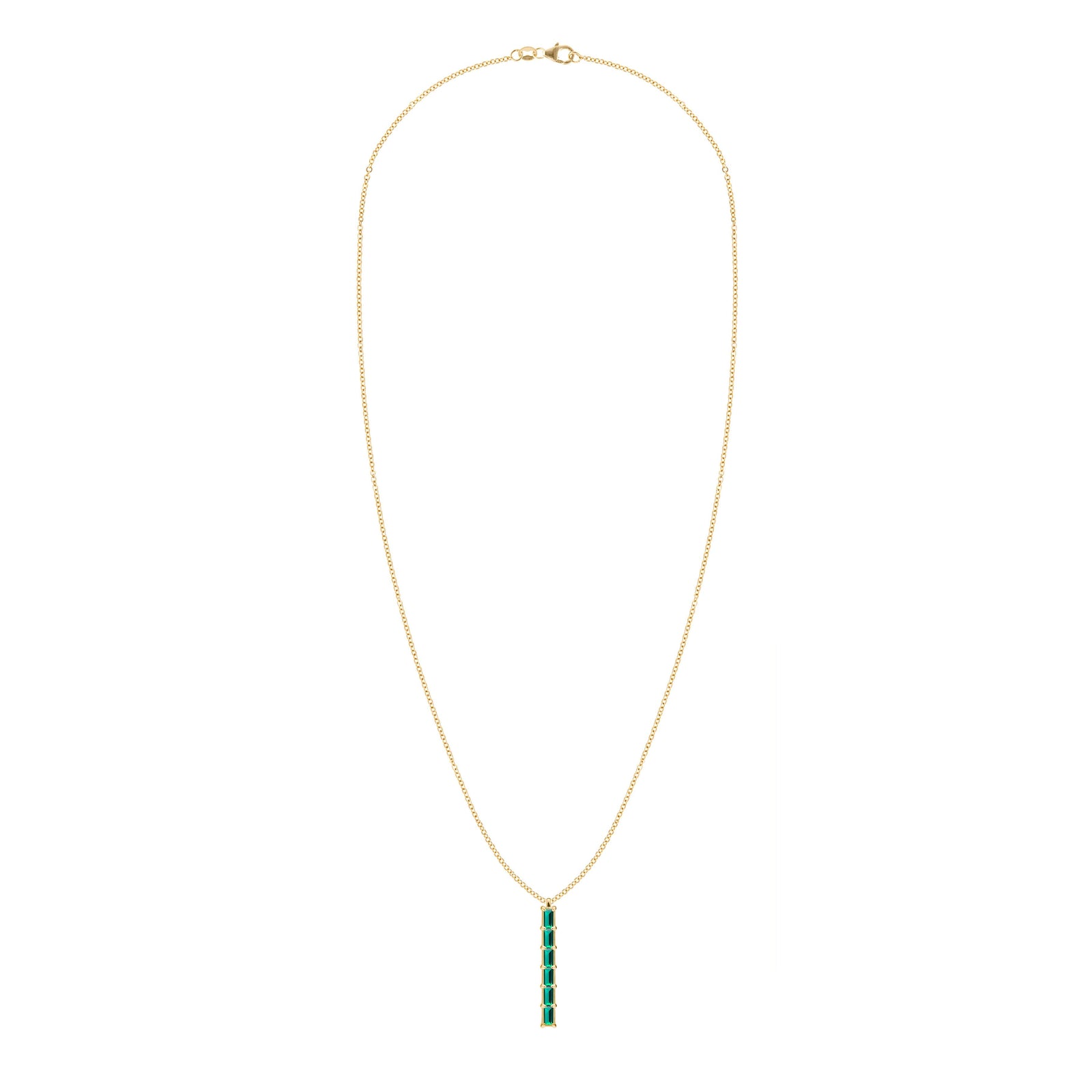Providence vertical bar pendant necklace featuring 6 petite Emerald baguette stones set in 14k yellow gold