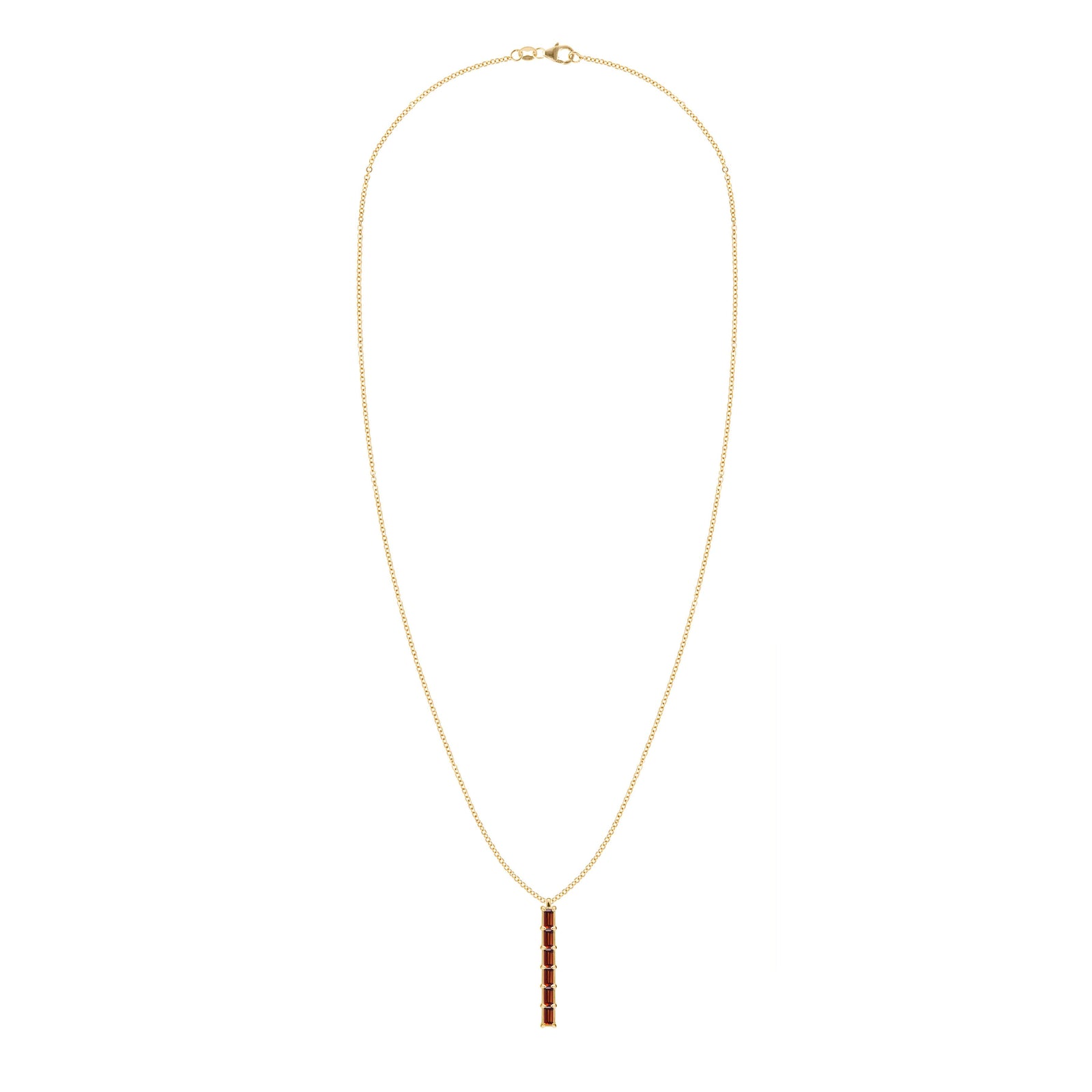 Providence vertical bar pendant necklace featuring 6 petite Garnet baguette stones set in 14k yellow gold