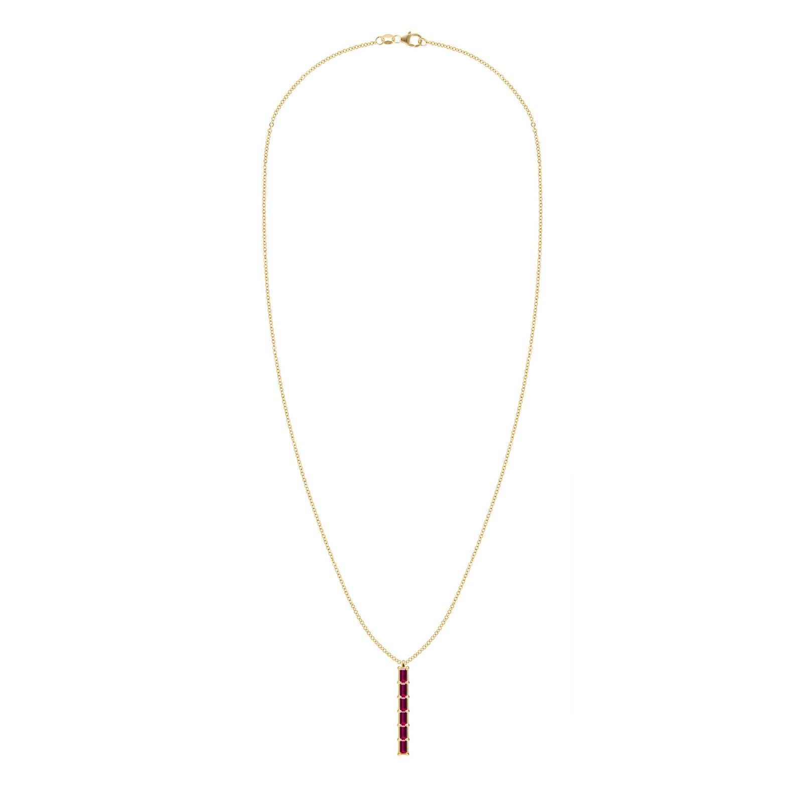 Providence vertical bar pendant necklace featuring 6 petite Ruby baguette stones set in 14k yellow gold