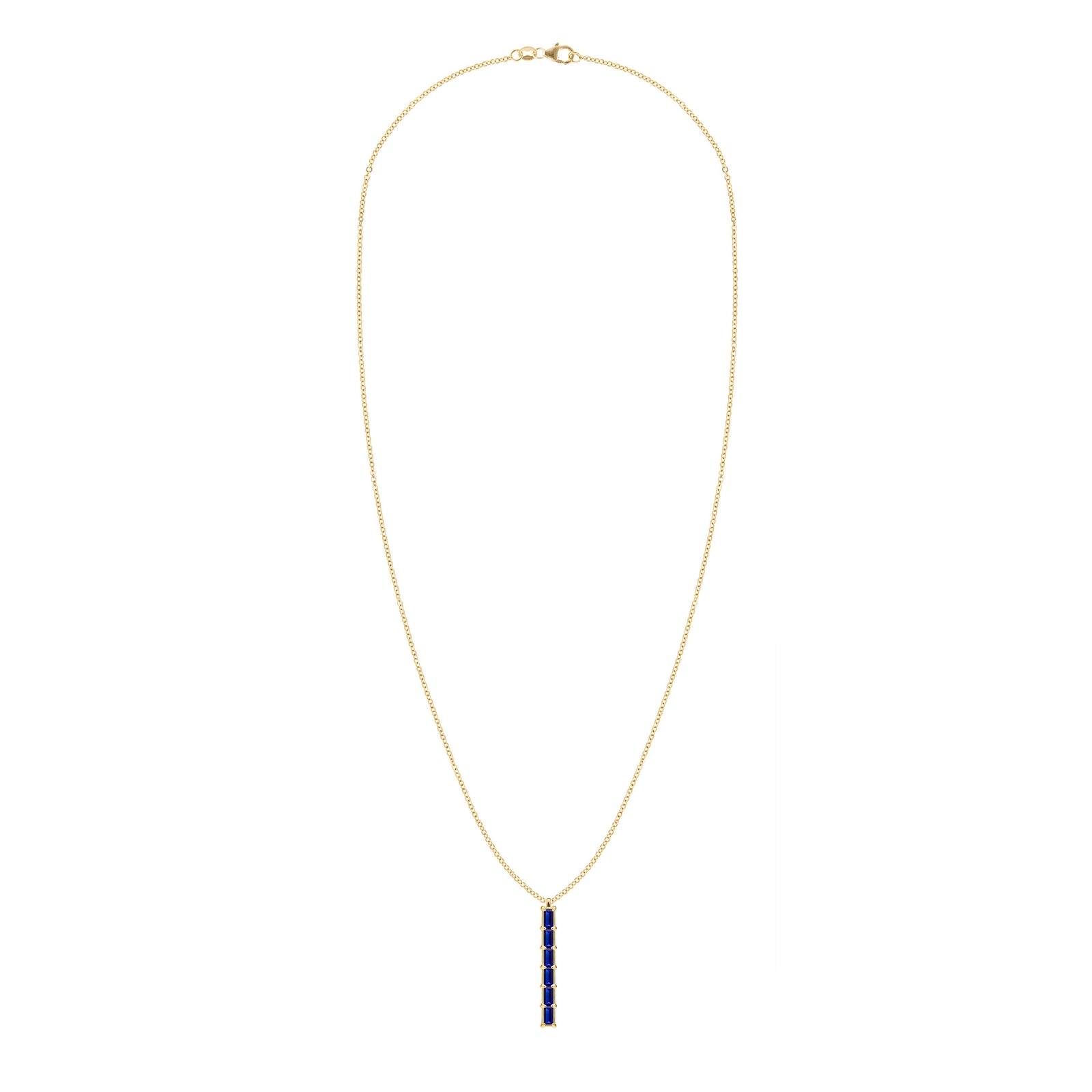 Providence vertical bar pendant necklace featuring 6 petite Sapphire baguette stones set in 14k yellow gold