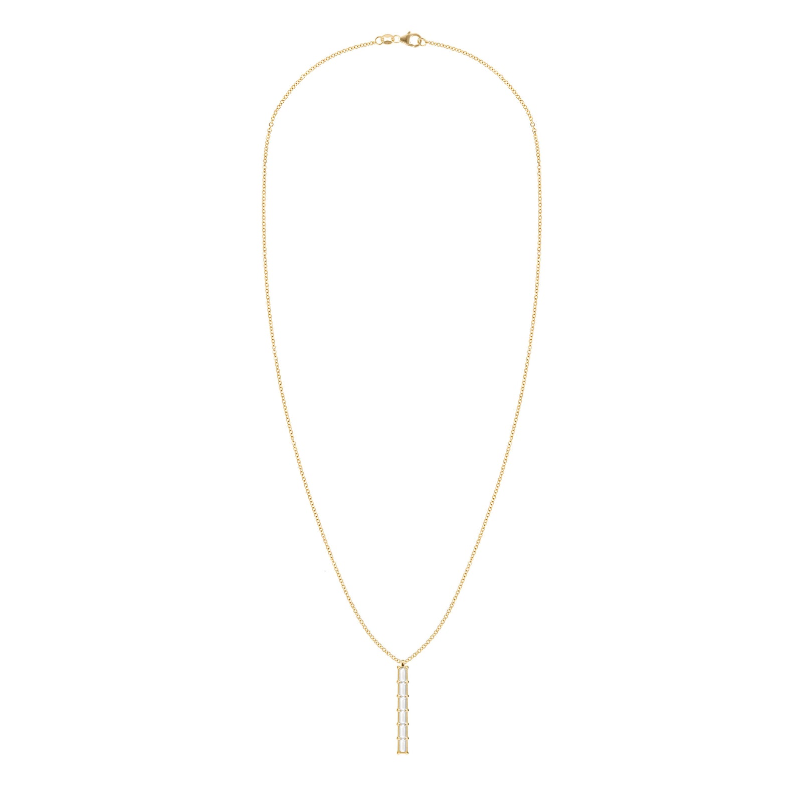 Providence vertical bar pendant necklace featuring 6 petite White Topaz baguette stones set in 14k yellow gold