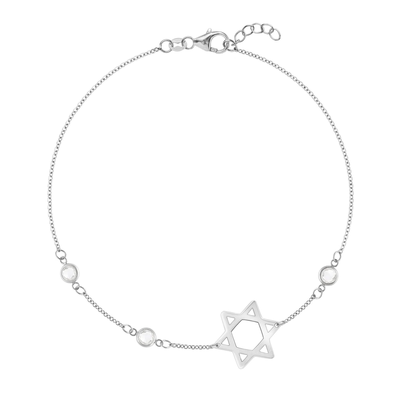 14k white gold Classic cable chain bracelet featuring three birthstones and a 1/2" cutout Star of David