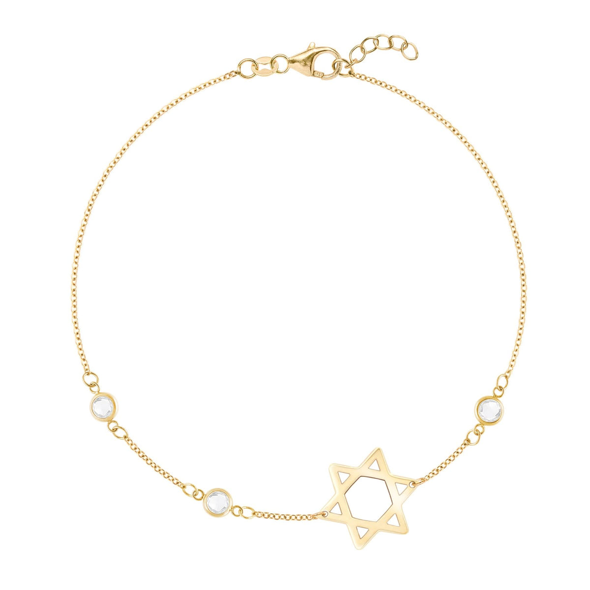 14k yellow gold Classic cable chain bracelet featuring three birthstones and a 1/2" cutout Star of David - front view