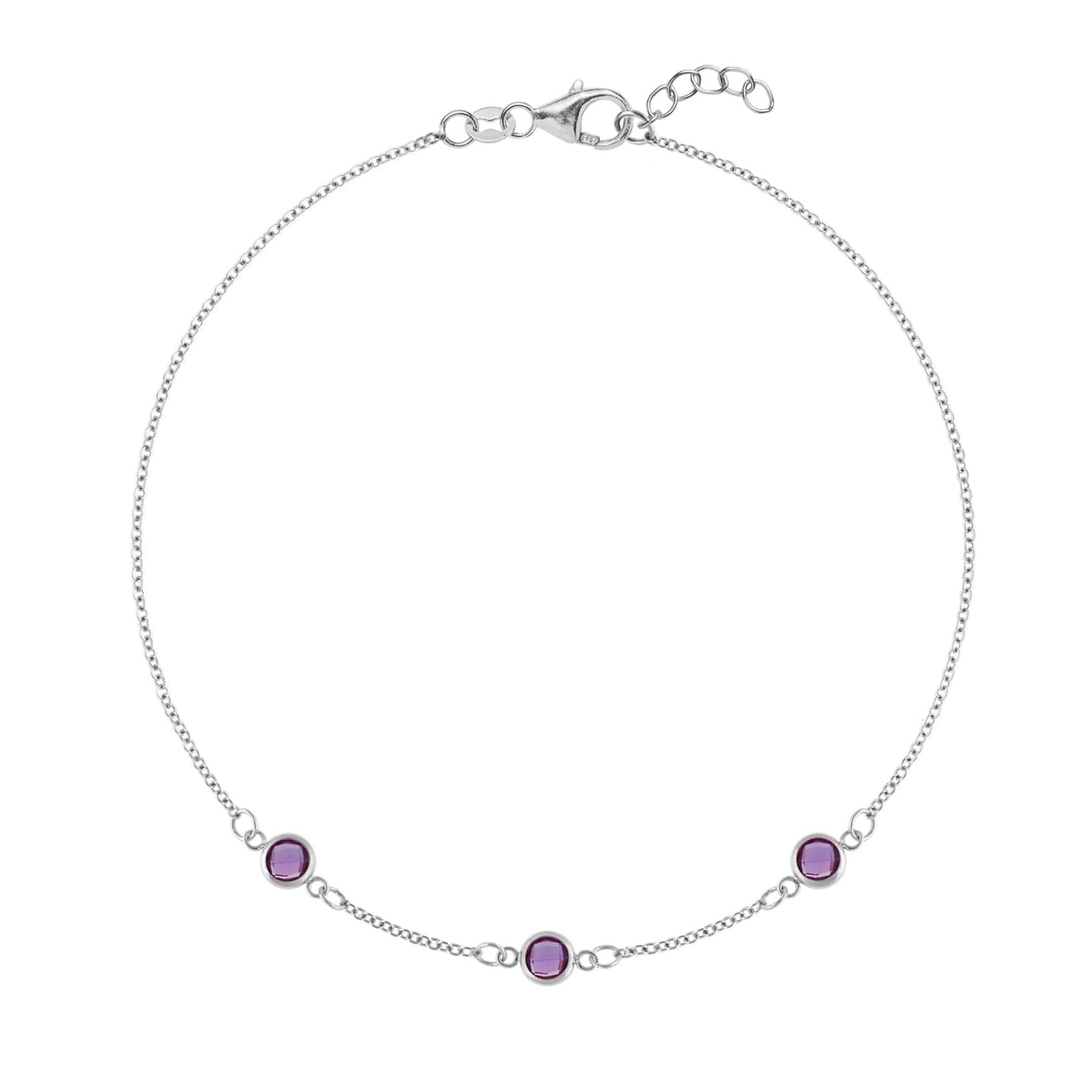 Bayberry 1.17 mm cable chain bracelet featuring three 4 mm briolette cut amethysts bezel set in 14k white gold