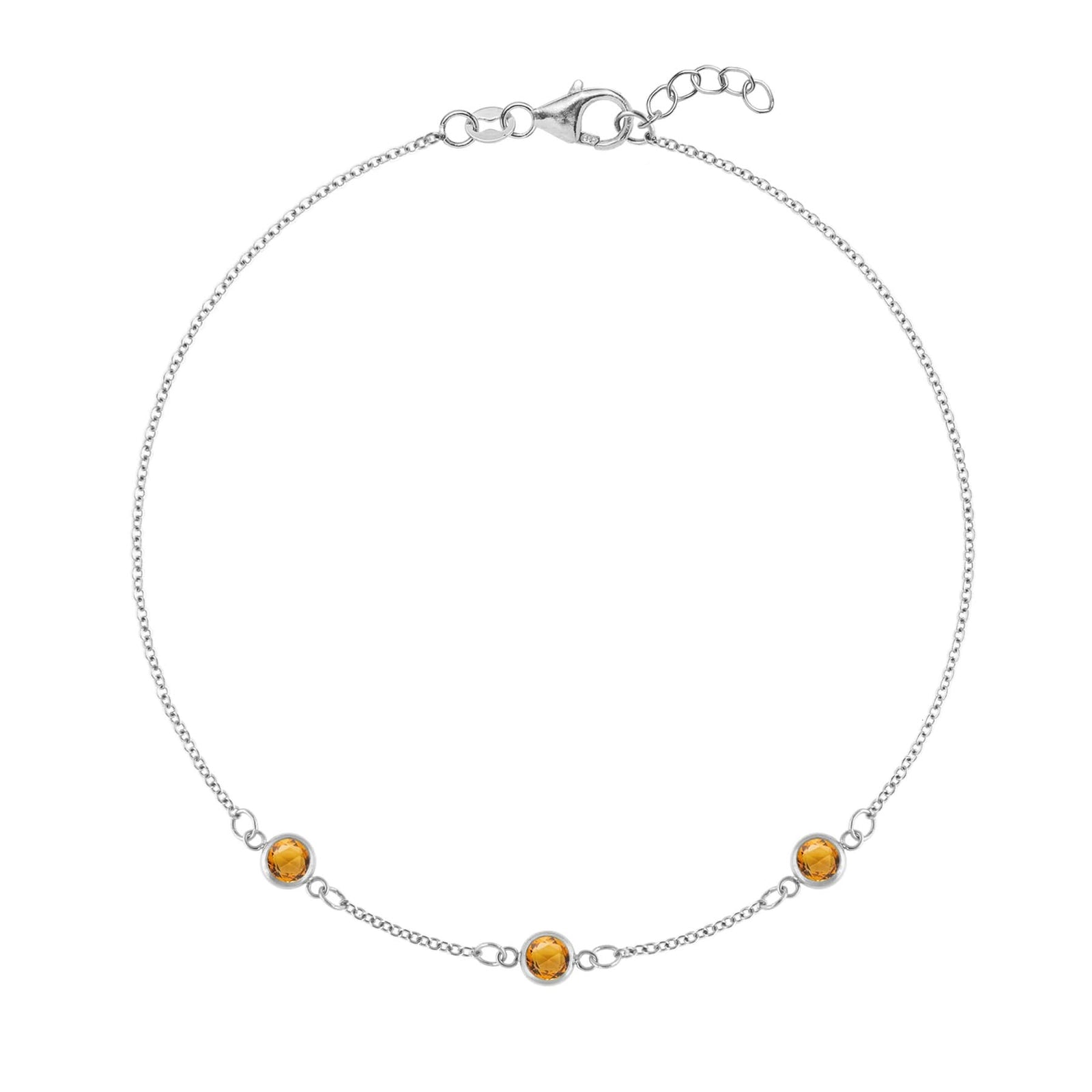 Bayberry 1.17 mm cable chain birthstone bracelet featuring three 4 mm briolette citrines bezel set in 14k white gold