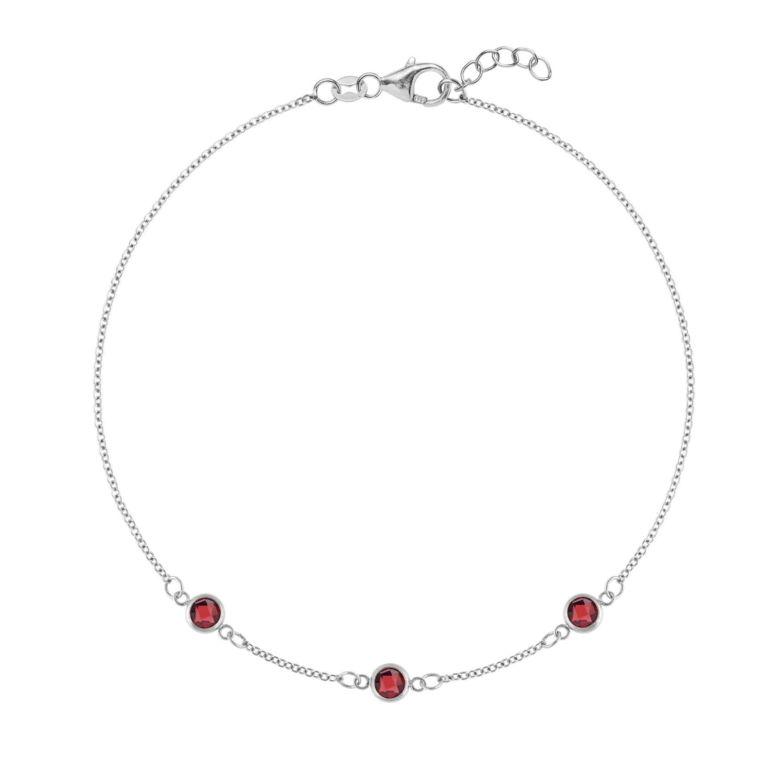 Bayberry 1.17 mm cable chain birthstone bracelet featuring three 4 mm briolette garnets bezel set in 14k white gold