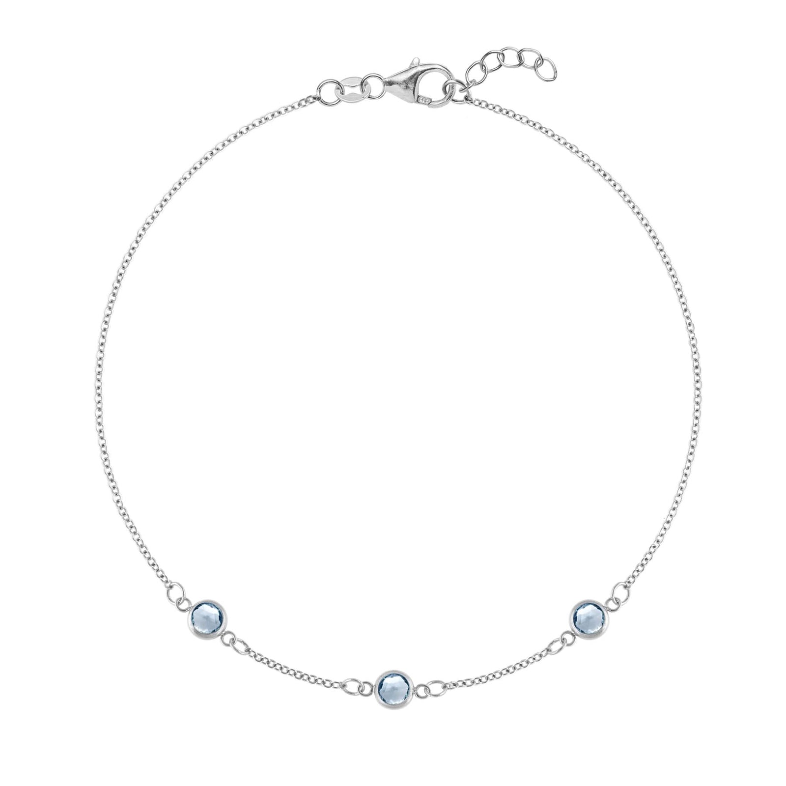 Bayberry 1.17 mm cable chain birthstone bracelet featuring three 4 mm briolette aquamarines bezel set in 14k white gold