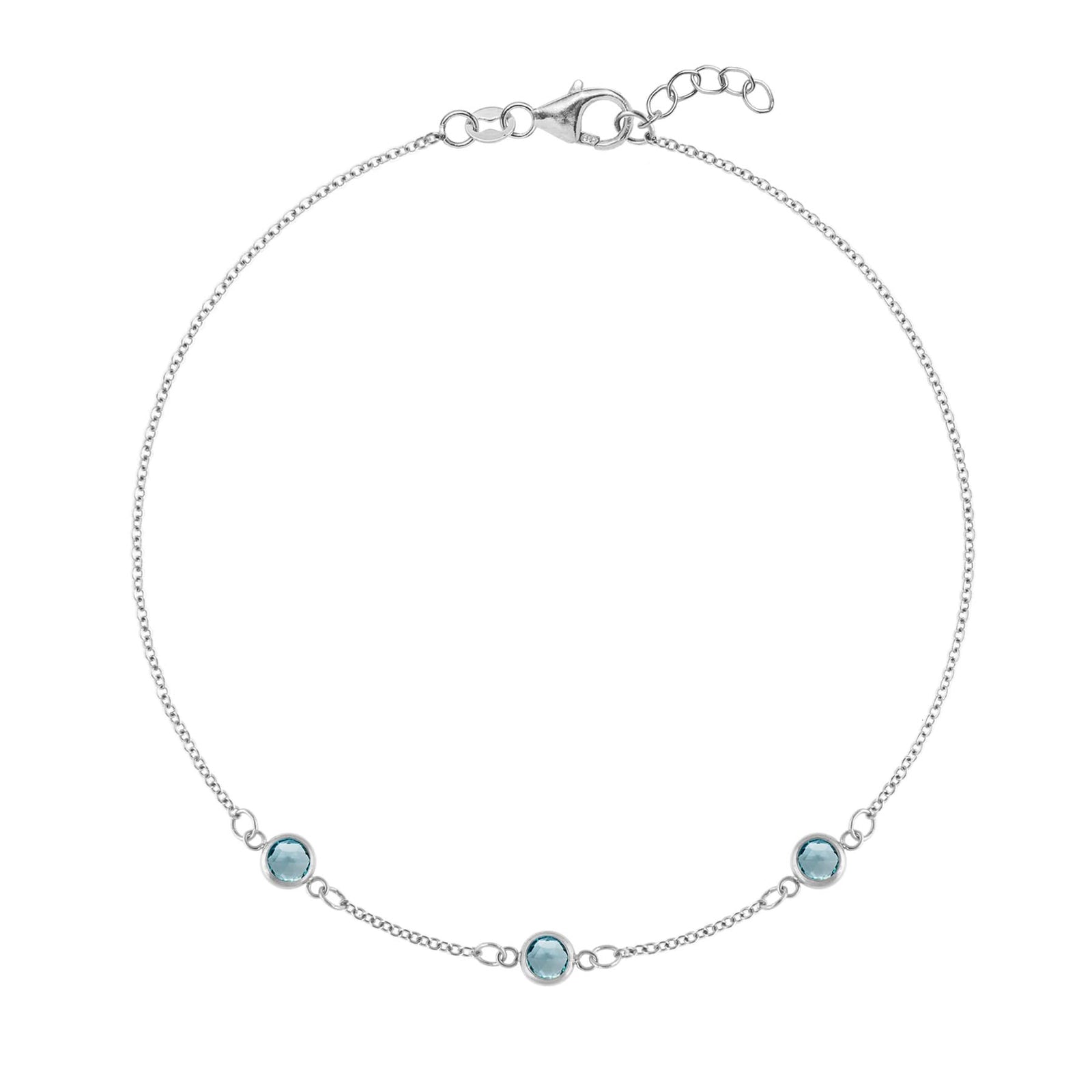 Bayberry 1.17 mm cable chain birthstone bracelet featuring three 4 mm Nantucket blue topaz bezel set in 14k white gold