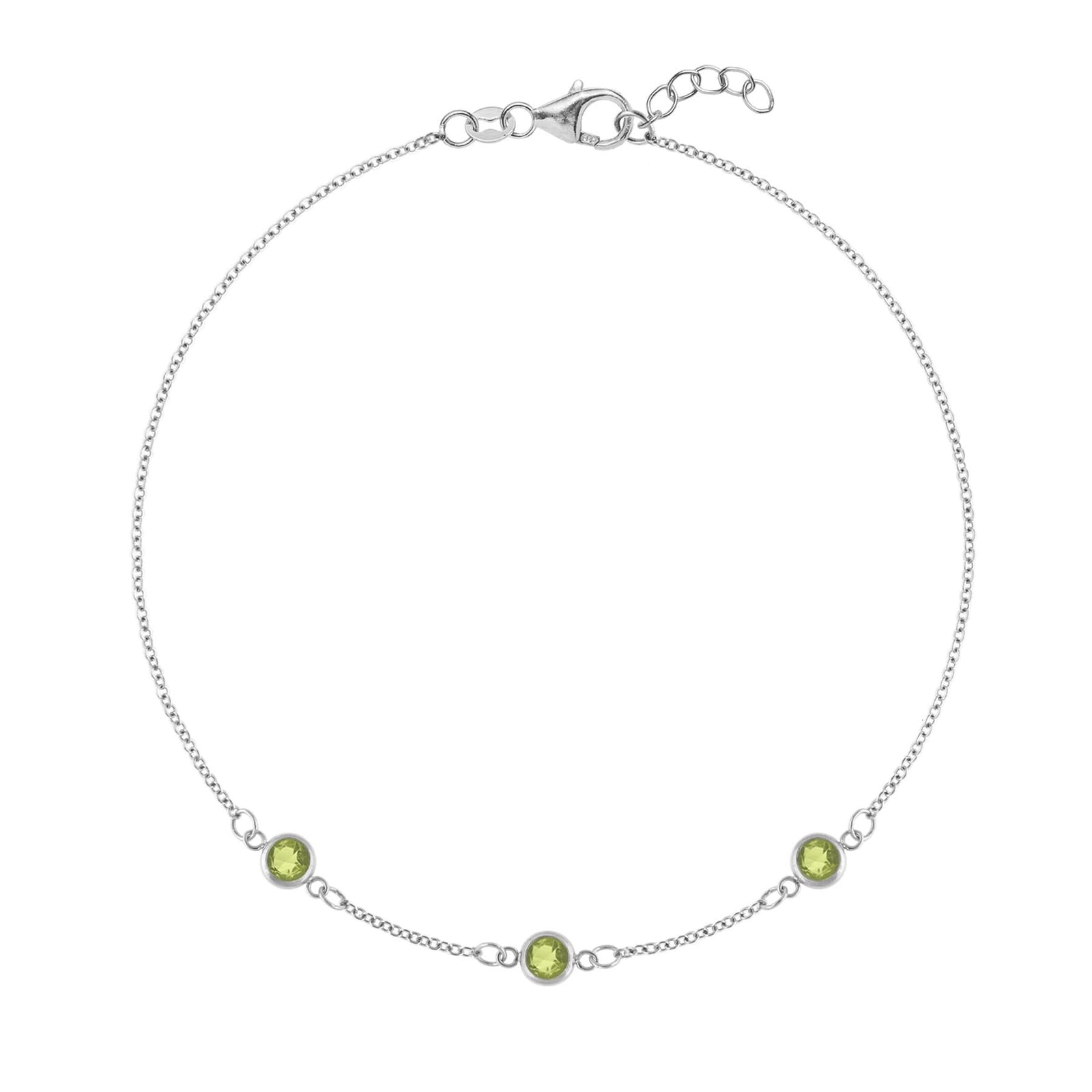 Bayberry 1.17 mm cable chain birthstone bracelet featuring three 4 mm briolette peridots bezel set in 14k white gold