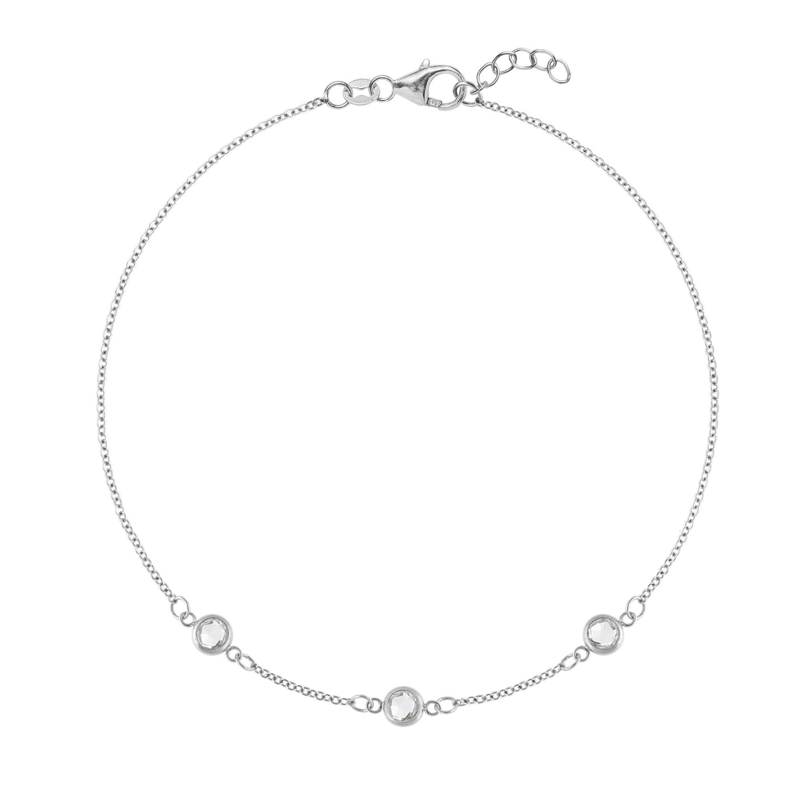 Bayberry cable chain birthstone bracelet featuring three 4 mm briolette white topaz bezel set in 14k white gold