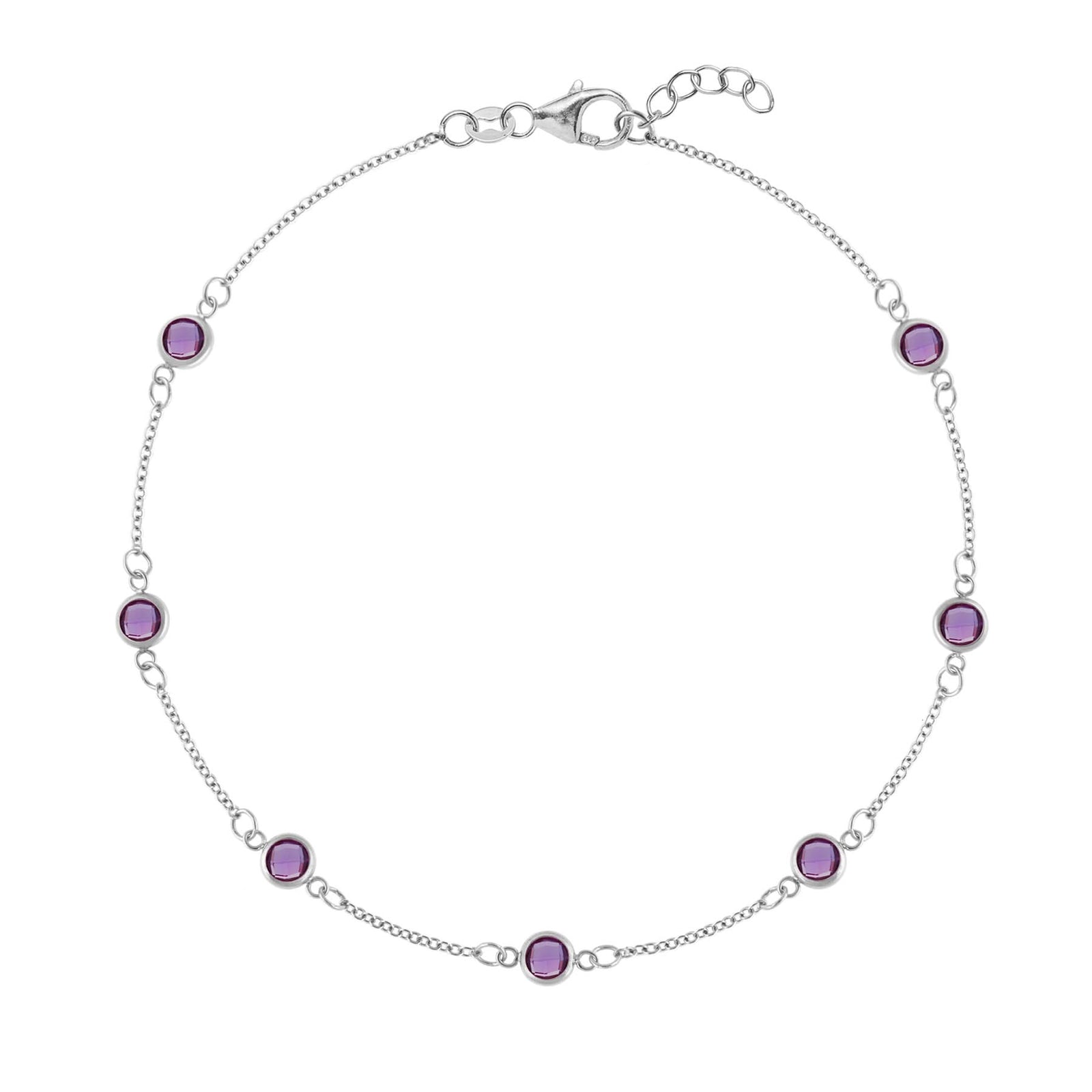 Bayberry 1.17 mm cable chain birthstone bracelet featuring seven 4 mm briolette amethysts bezel set in 14k white gold