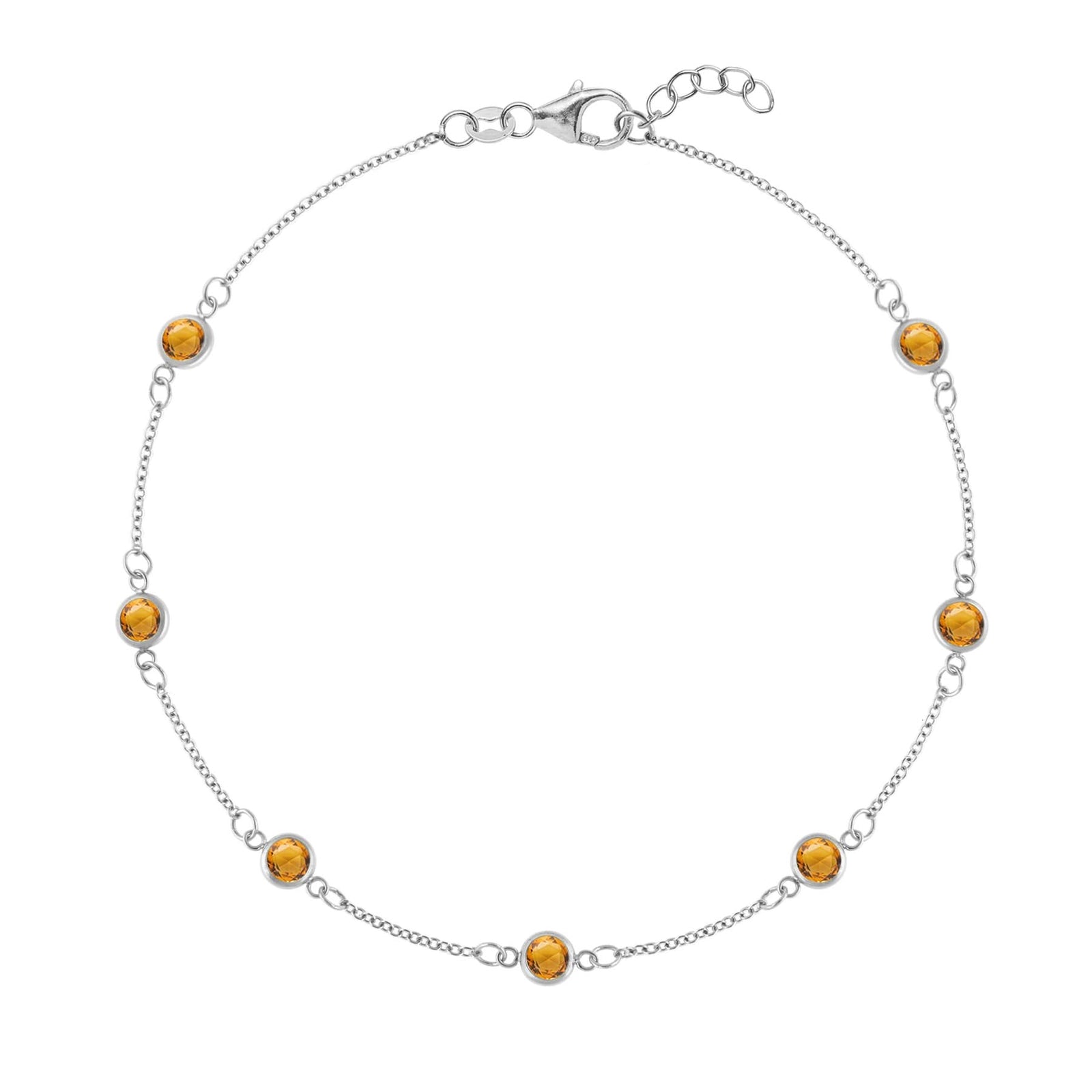 Bayberry 1.17 mm cable chain birthstone bracelet featuring seven 4 mm briolette citrines bezel set in 14k white gold