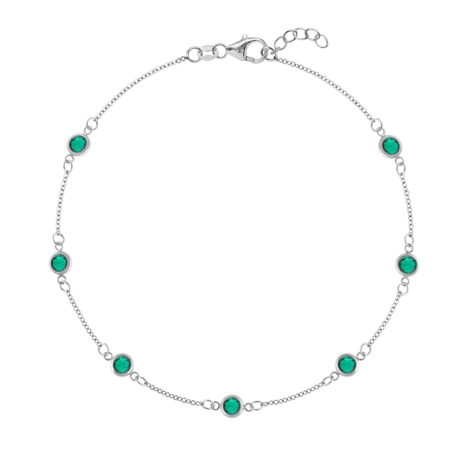Bayberry 1.17 mm cable chain birthstone bracelet featuring seven 4 mm briolette emeralds bezel set in 14k white gold