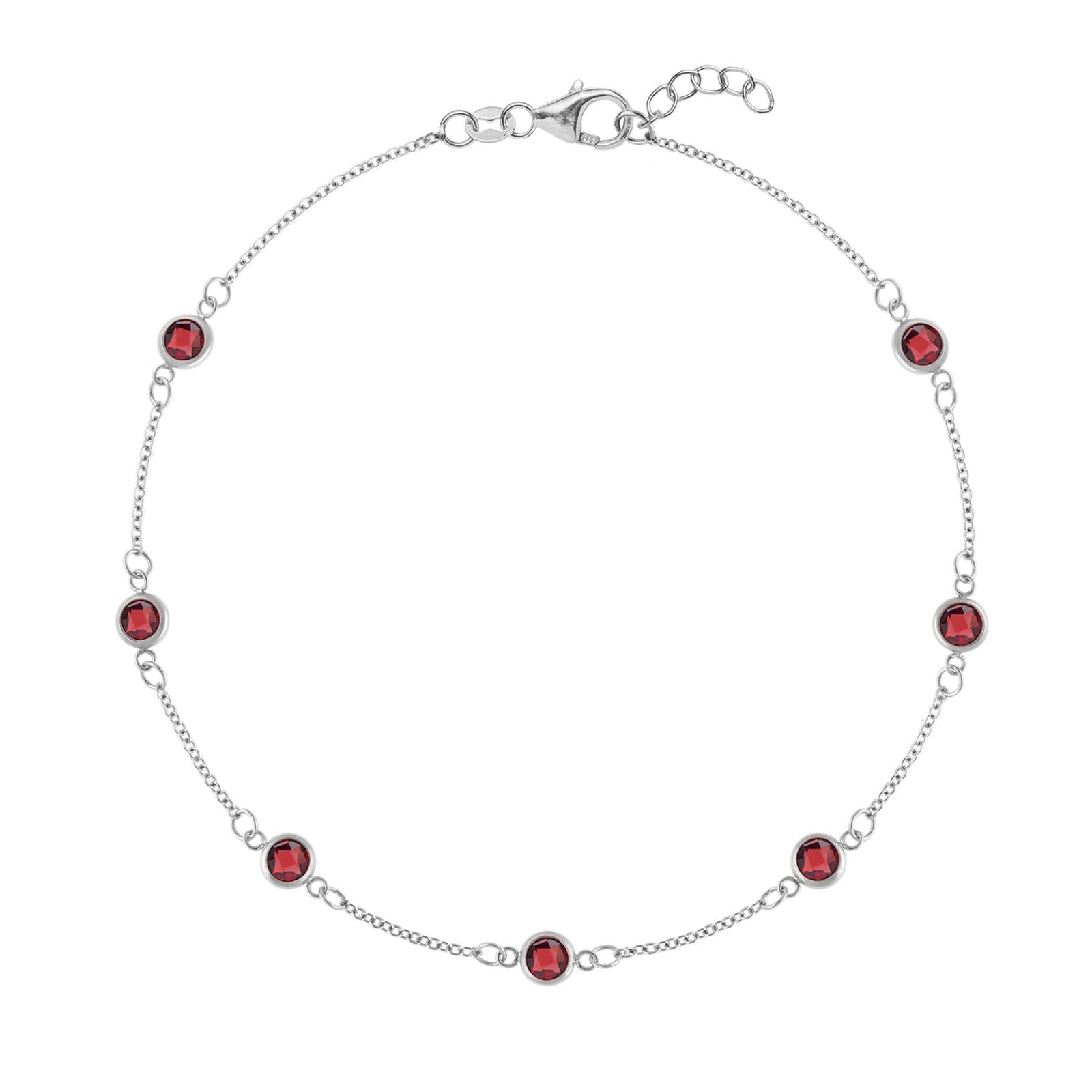 Bayberry 1.17 mm cable chain birthstone bracelet featuring seven 4 mm briolette garnets bezel set in 14k white gold