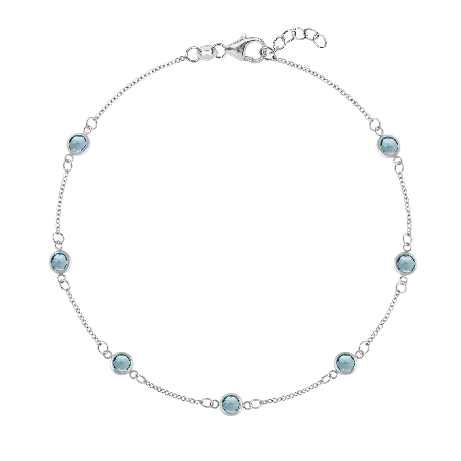Bayberry cable chain birthstone bracelet featuring seven 4 mm briolette Nantucket blue topaz bezel set in 14k white gold