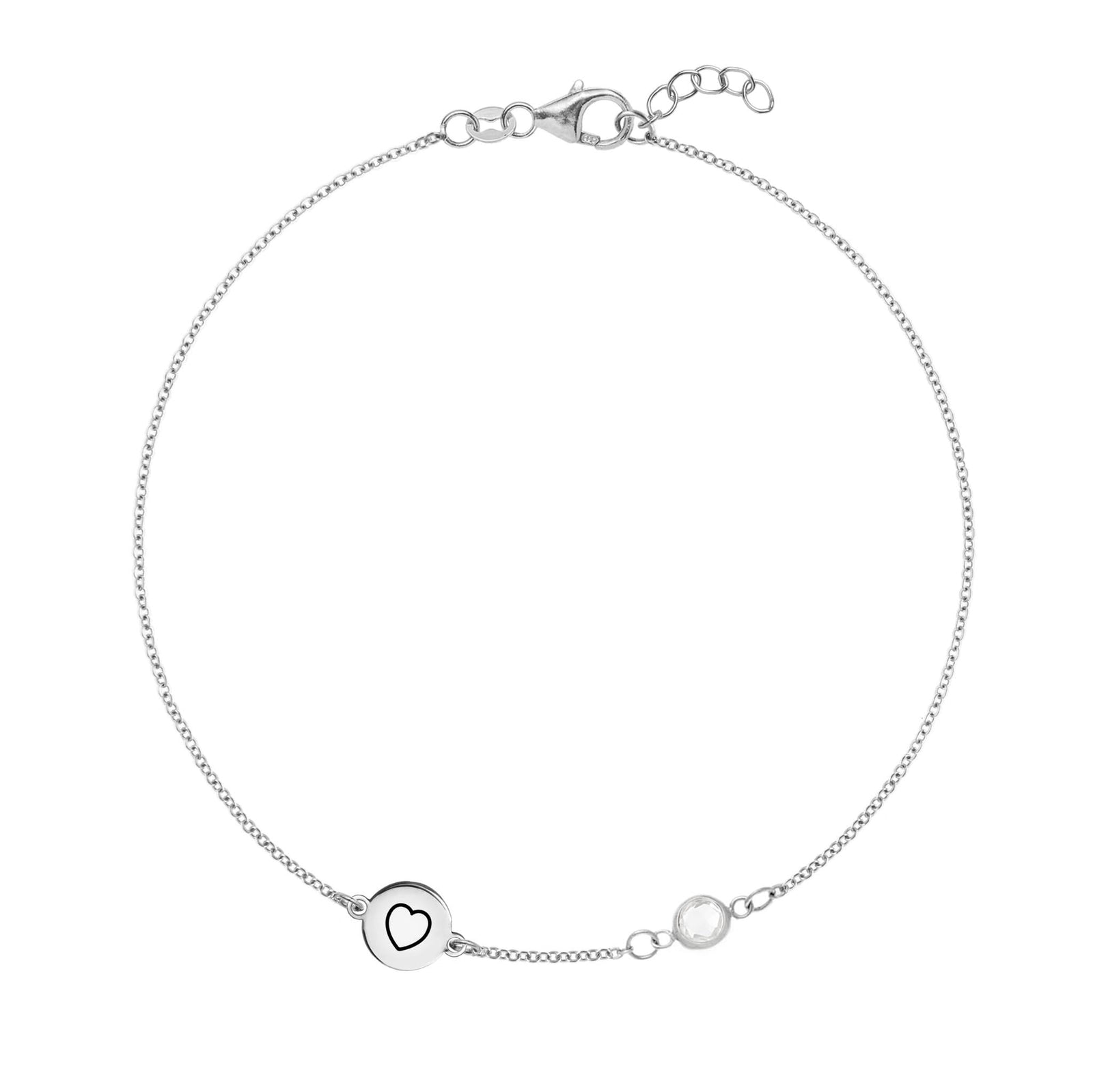14k white gold Classic bracelet featuring one birthstone and one 1/4” flat disc engraved with a heart symbol