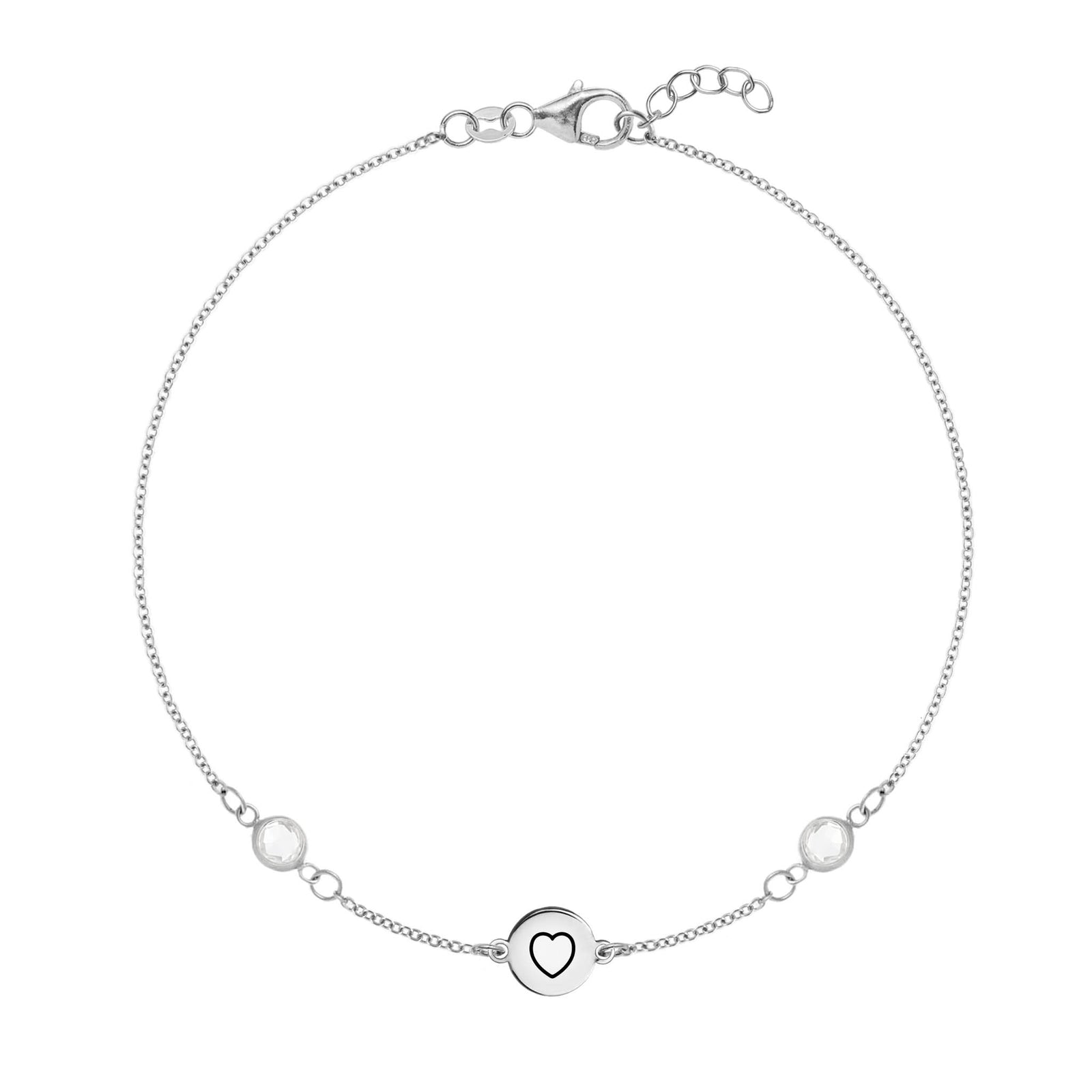14k white gold Classic bracelet featuring two birthstones and one 1/4” flat disc engraved with a heart symbol