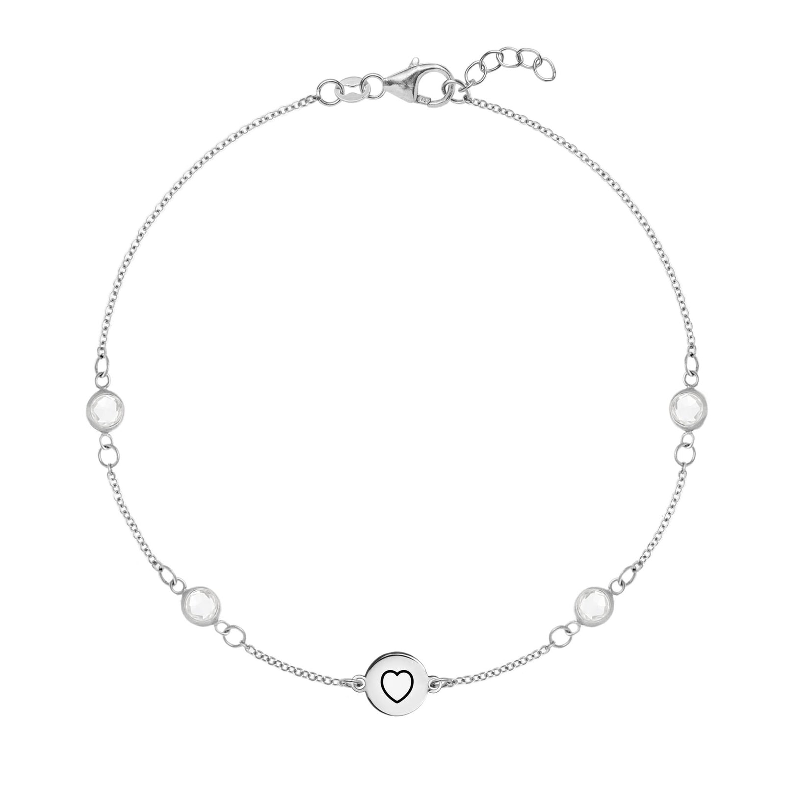 14k white gold Classic bracelet featuring four birthstones and one 1/4” flat disc engraved with a heart symbol