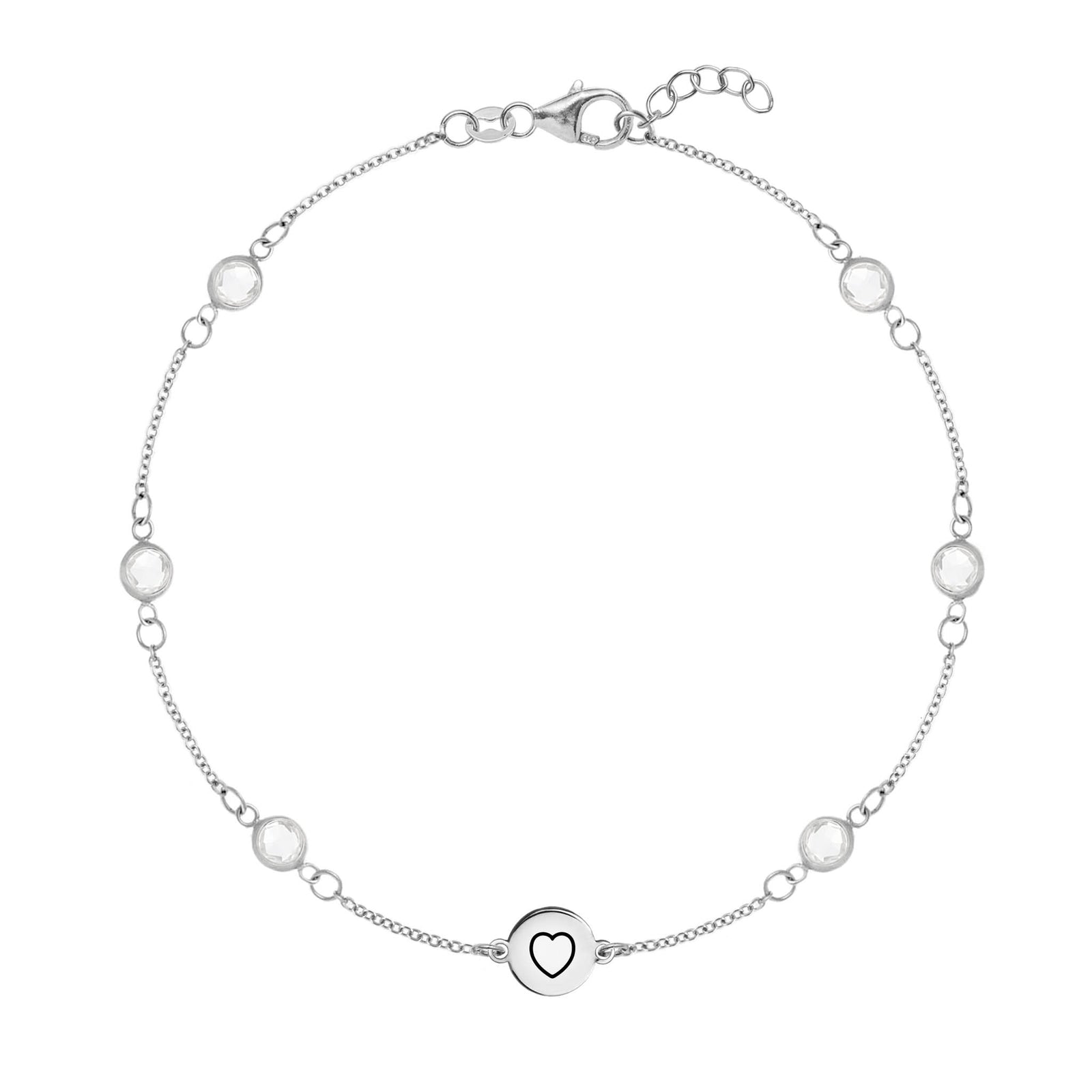 14k white gold Classic bracelet featuring six birthstones and one 1/4” flat disc engraved with a heart symbol