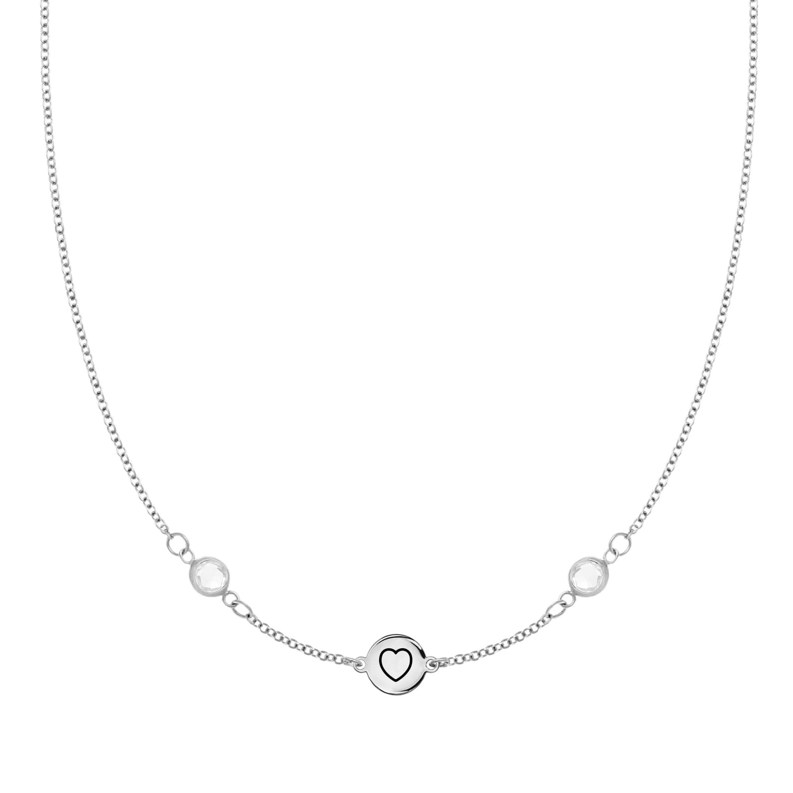 14k white gold Classic necklace featuring two birthstones and one 1/4” flat disc engraved with a heart symbol