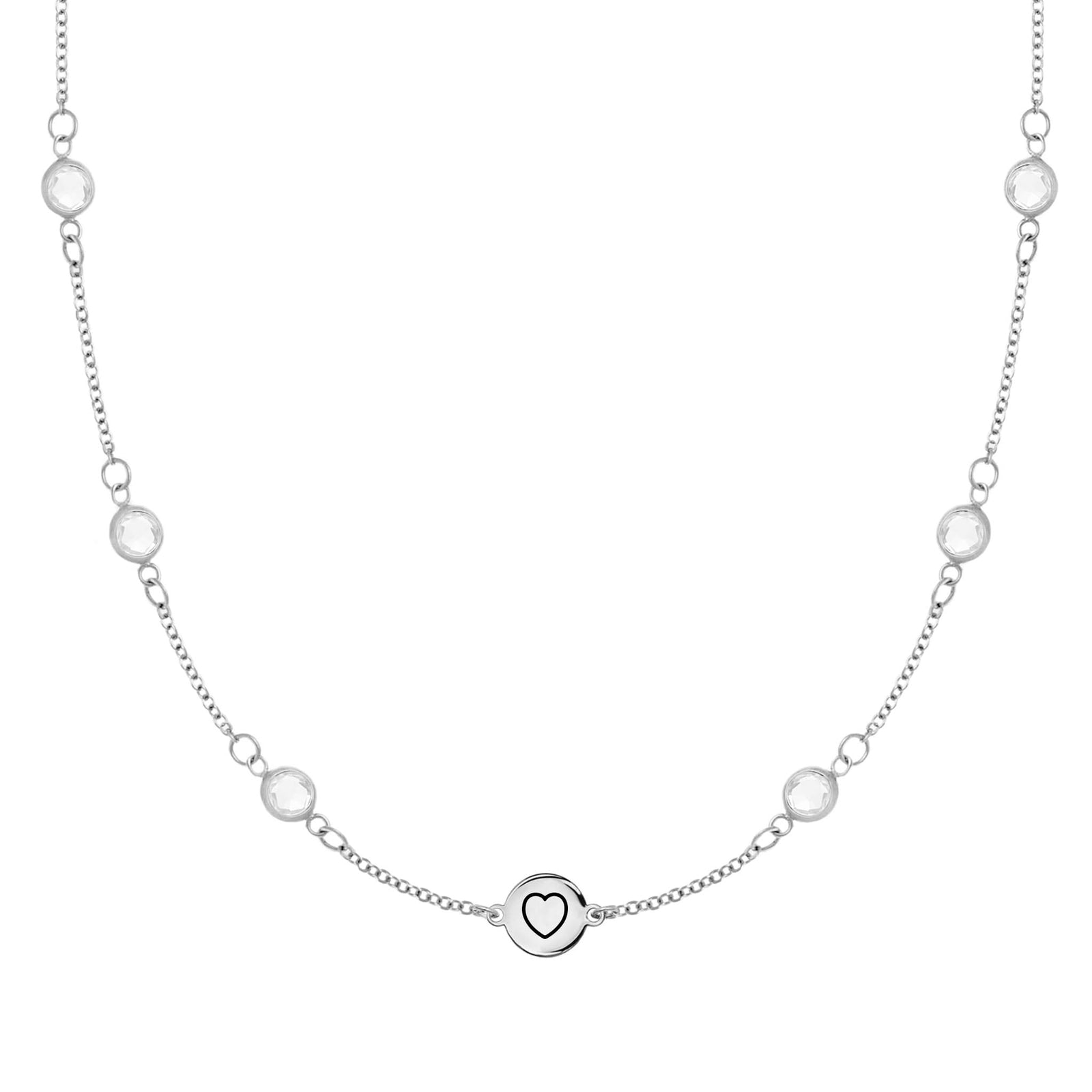 14k white gold Classic necklace featuring six birthstones and one 1/4” flat disc engraved with a heart symbol