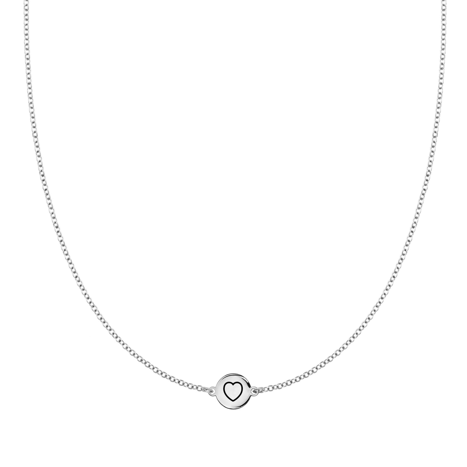 14k white gold 1.17 mm cable chain necklace featuring one 1/4” flat disc engraved with a heart