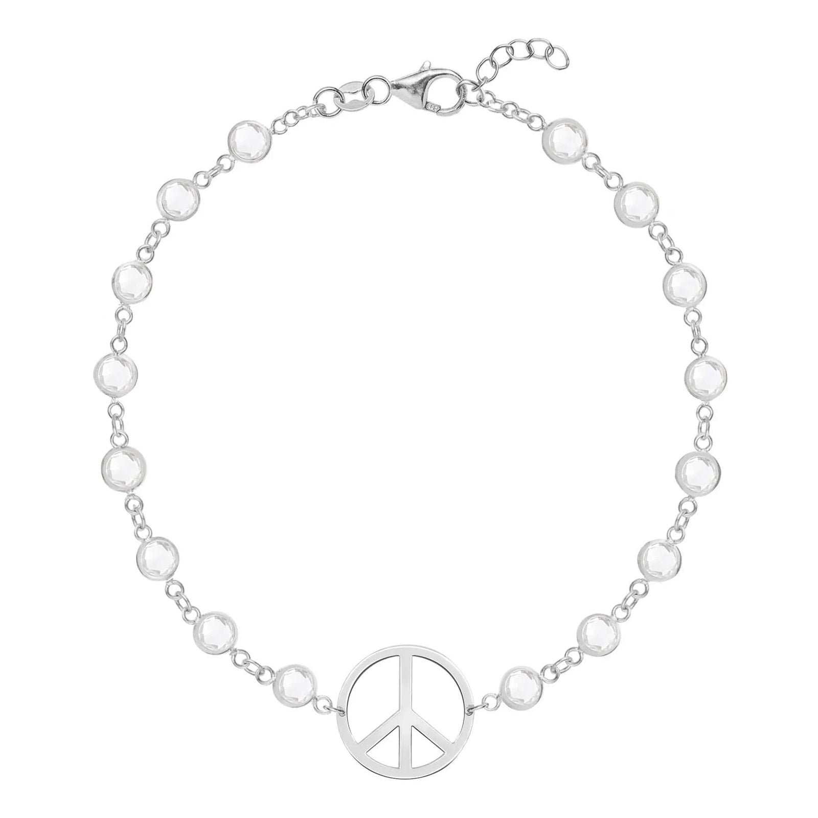 Newport bracelet featuring one 1/2” cutout Peace Sign and 4 mm gemstones bezel set in 14k white gold
