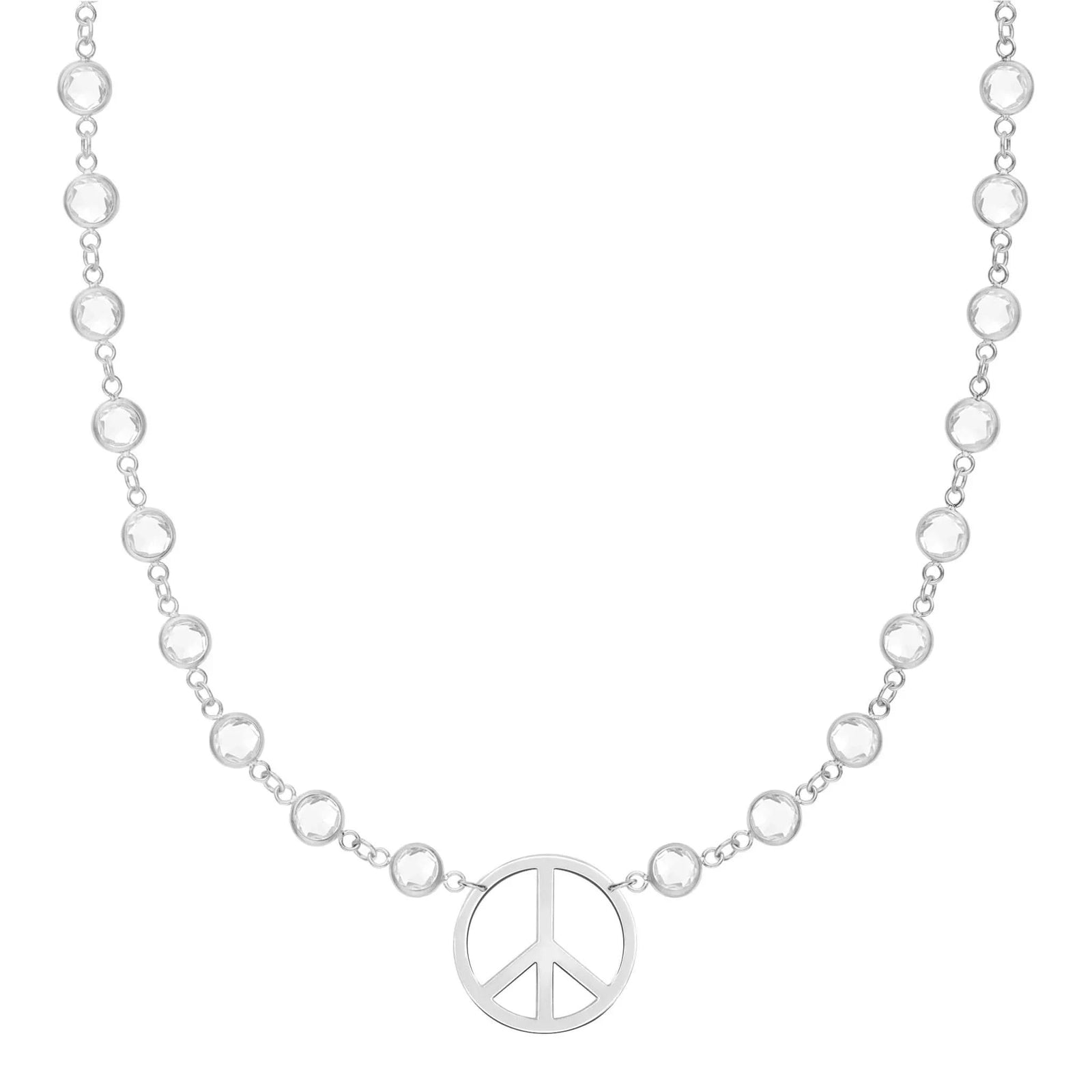 Newport necklace featuring one 1/2” cutout Peace Sign and 4 mm gemstones bezel set in 14k white gold