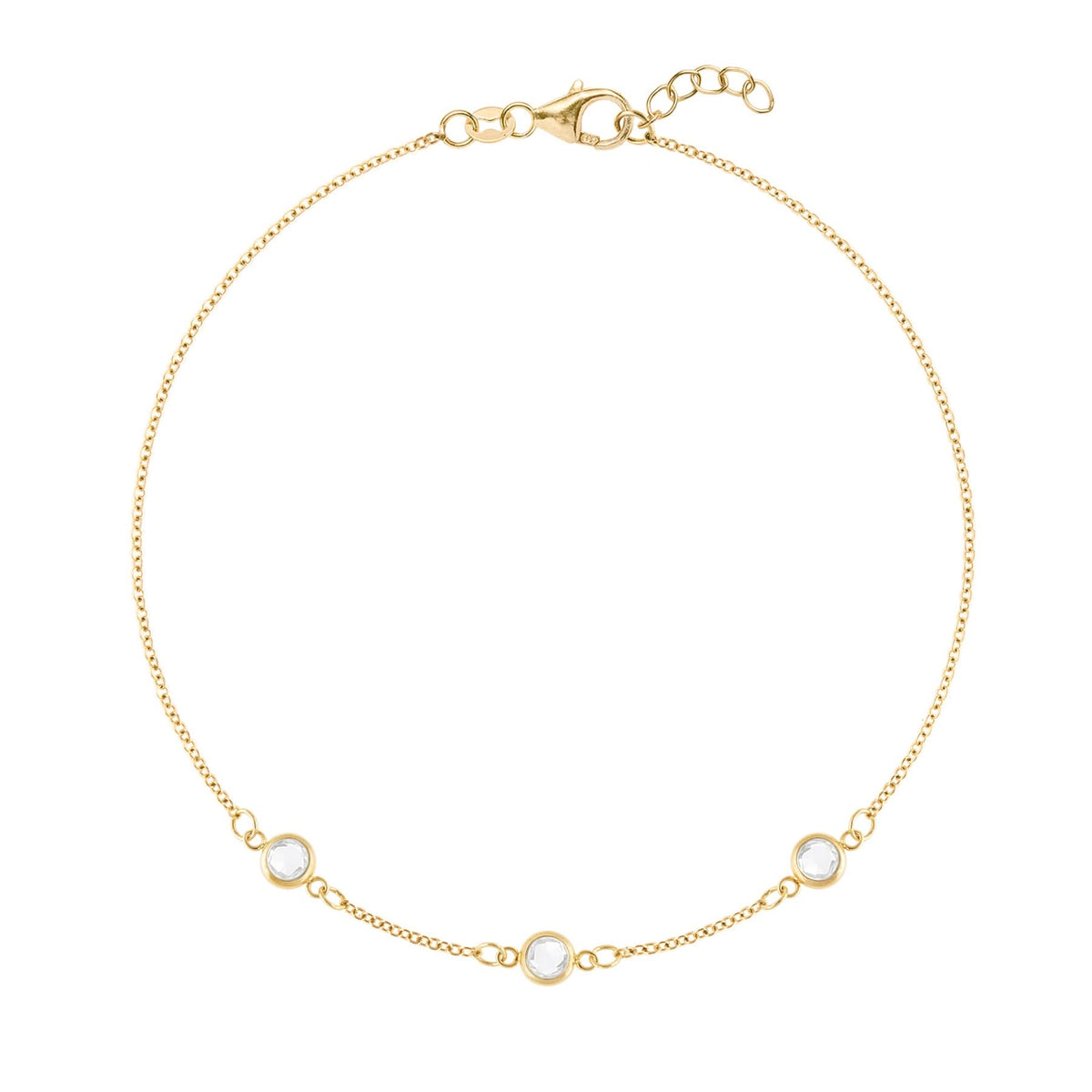 Personalized cable chain bracelet featuring three 4 mm briolette cut gemstones bezel set in 14k yellow gold - front view