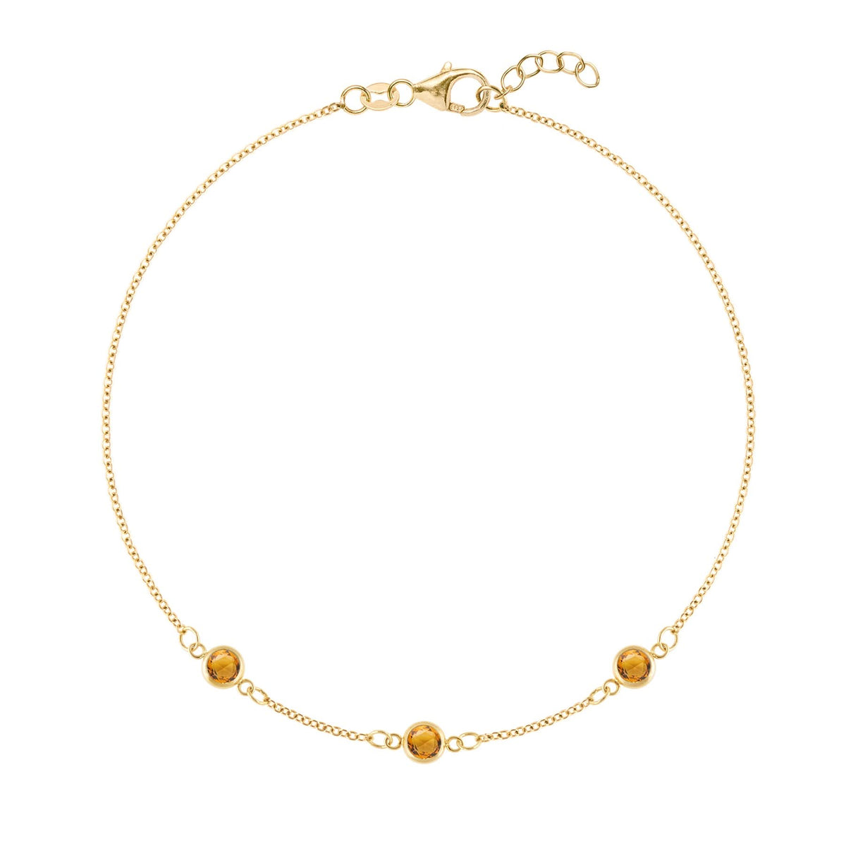 Bayberry 1.17 mm cable chain birthstone bracelet featuring three 4 mm briolette citrines bezel set in 14k gold - front view