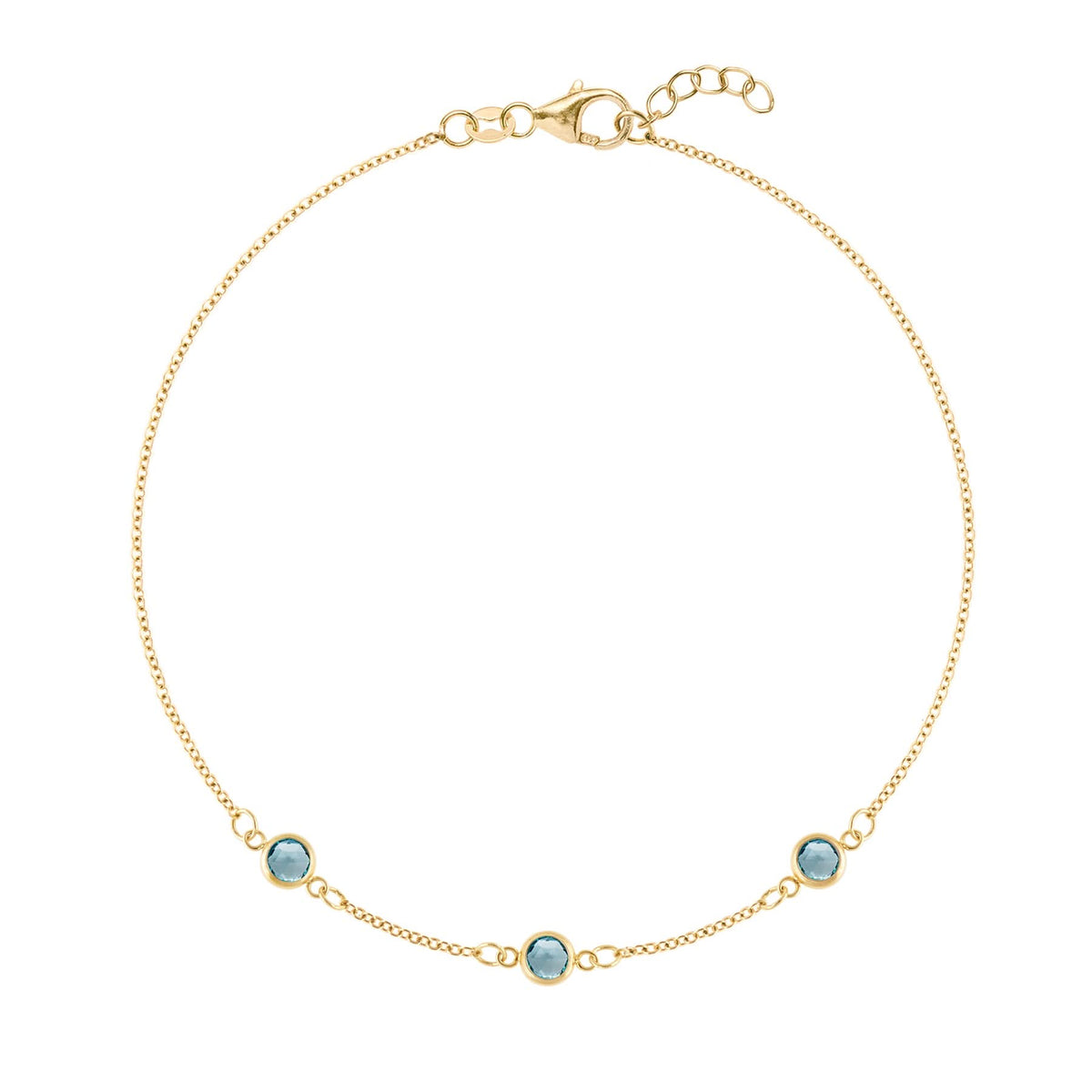Bayberry cable chain birthstone bracelet featuring three 4 mm Nantucket blue topaz bezel set in 14k gold - front view