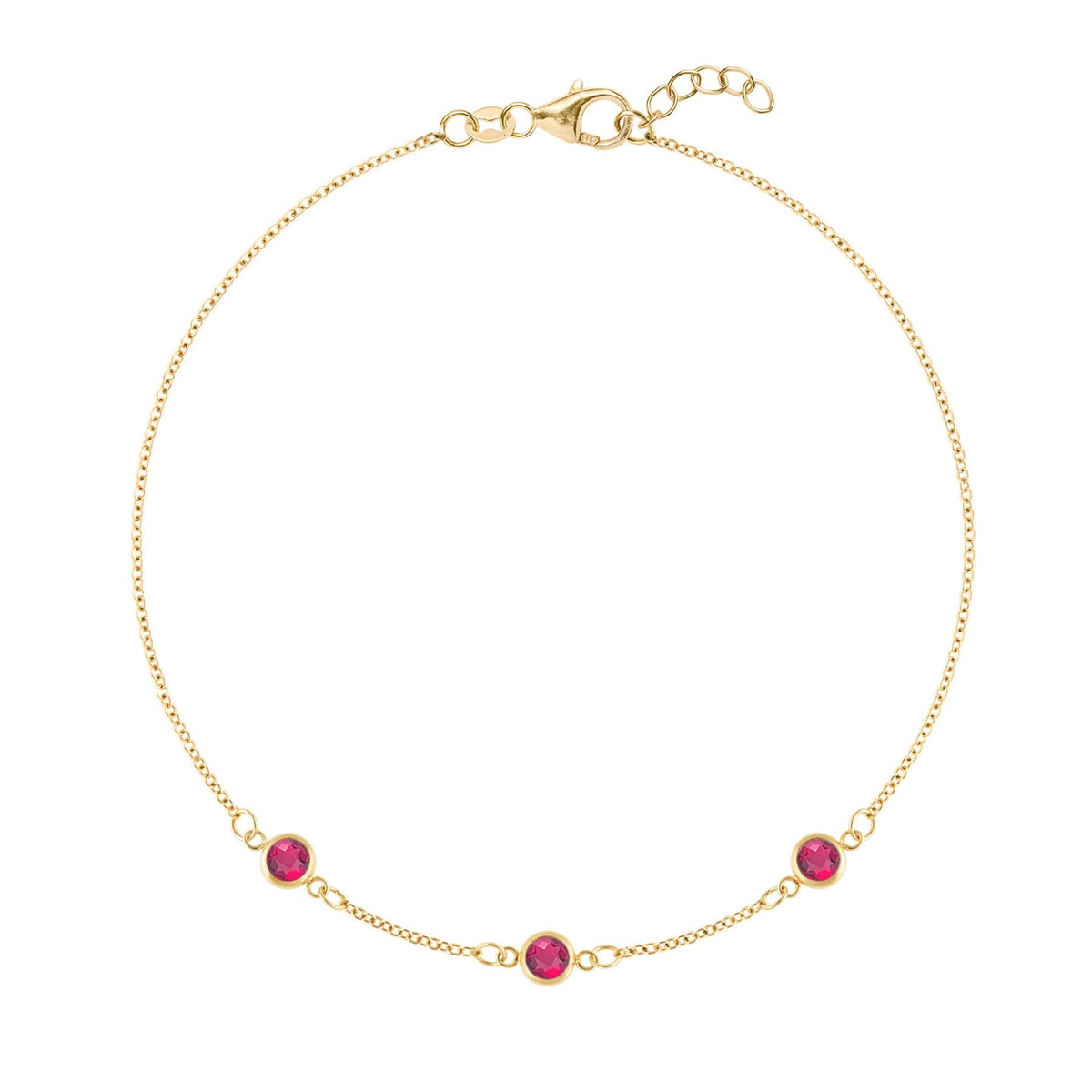 Bayberry 1.17 mm cable chain birthstone bracelet featuring three 4 mm briolette rubies bezel set in 14k gold - front view
