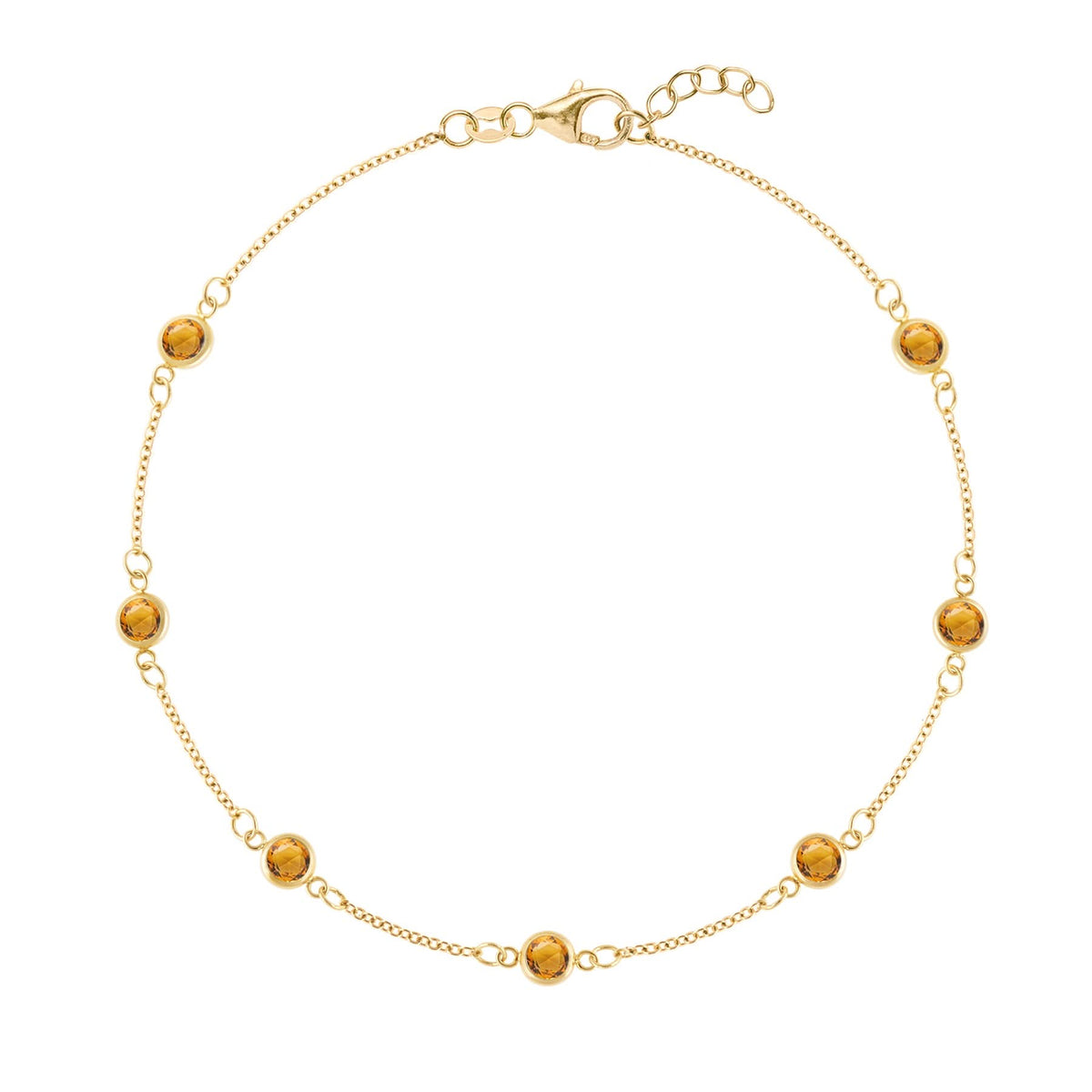 Bayberry 1.17 mm cable chain birthstone bracelet featuring seven 4 mm briolette citrines bezel set in 14k gold - front view