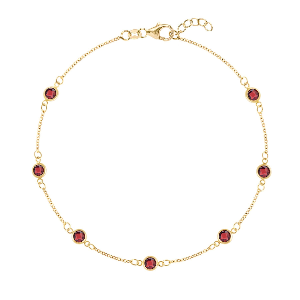 Bayberry 1.17 mm cable chain birthstone bracelet featuring seven 4 mm briolette garnets bezel set in 14k gold - front view