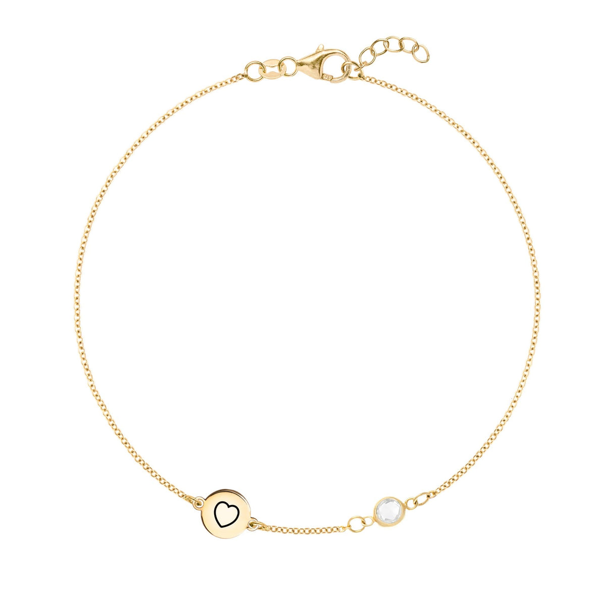 14k yellow gold Classic bracelet featuring one birthstone and one 1/4” flat disc engraved with a heart symbol - front view