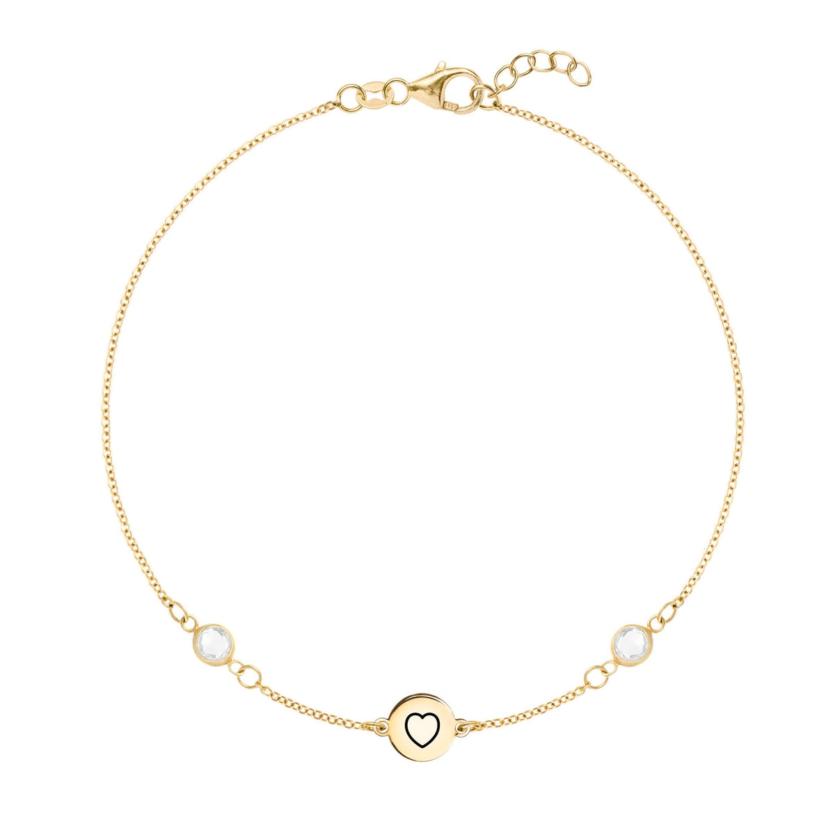 14k gold Classic bracelet featuring two birthstones and one 1/4” flat disc engraved with a heart symbol - front view
