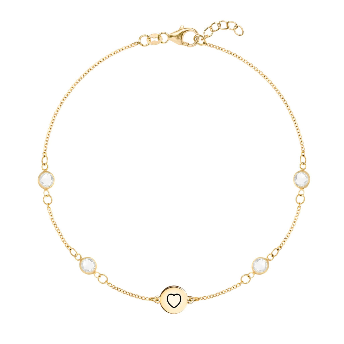 14k gold Classic bracelet featuring four birthstones and one 1/4” flat disc engraved with a heart symbol - front view