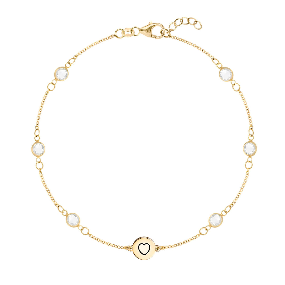 14k yellow gold Classic bracelet featuring six birthstones and one 1/4” flat disc engraved with a heart symbol - front view