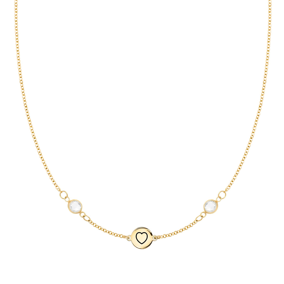 14k gold Classic necklace featuring two birthstones and one 1/4” flat disc engraved with a heart symbol - front view