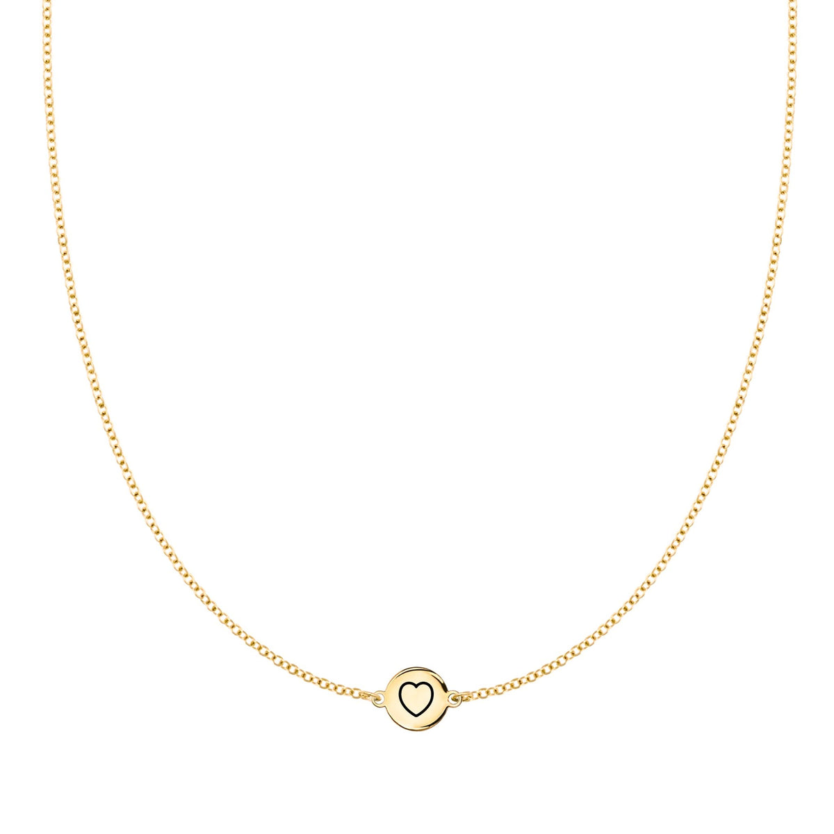 14k yellow gold 1.17 mm cable chain necklace featuring one 1/4” flat disc engraved with a heart - front view