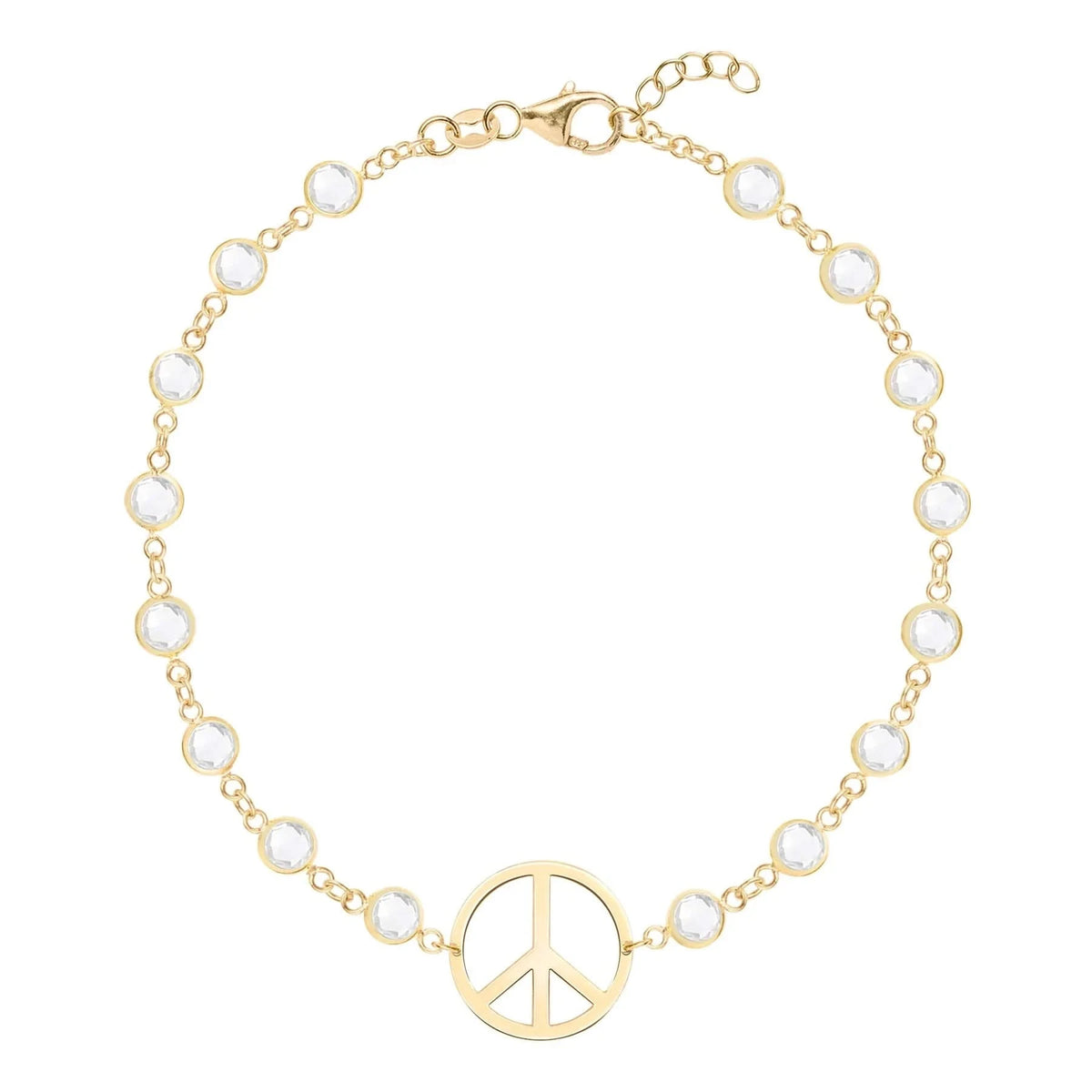 Newport bracelet featuring one 1/2” cutout Peace Sign and 4 mm gemstones bezel set in 14k yellow gold - front view