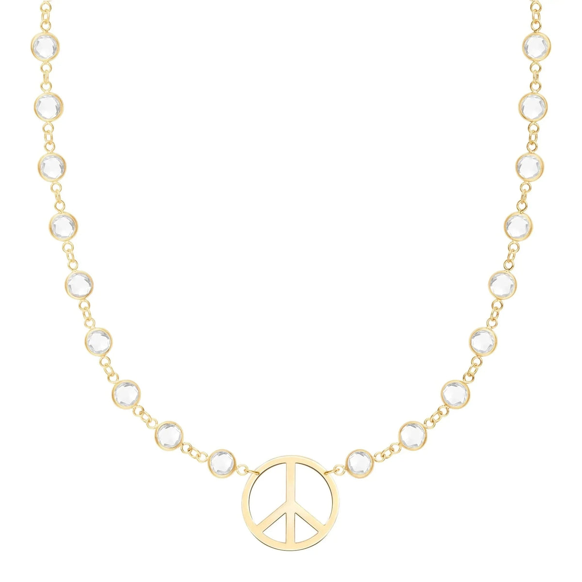 Newport necklace featuring one 1/2” cutout Peace Sign and 4 mm gemstones bezel set in 14k yellow gold - front view