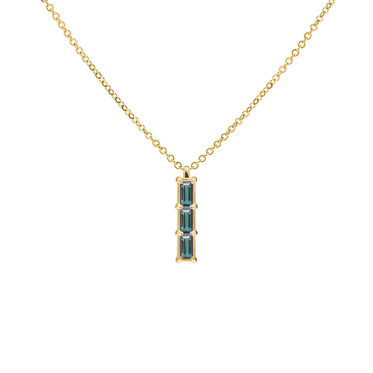 Providence Alexandrite vertical bar pendant featuring 3 petite baguette stones set in 14k yellow gold - front view